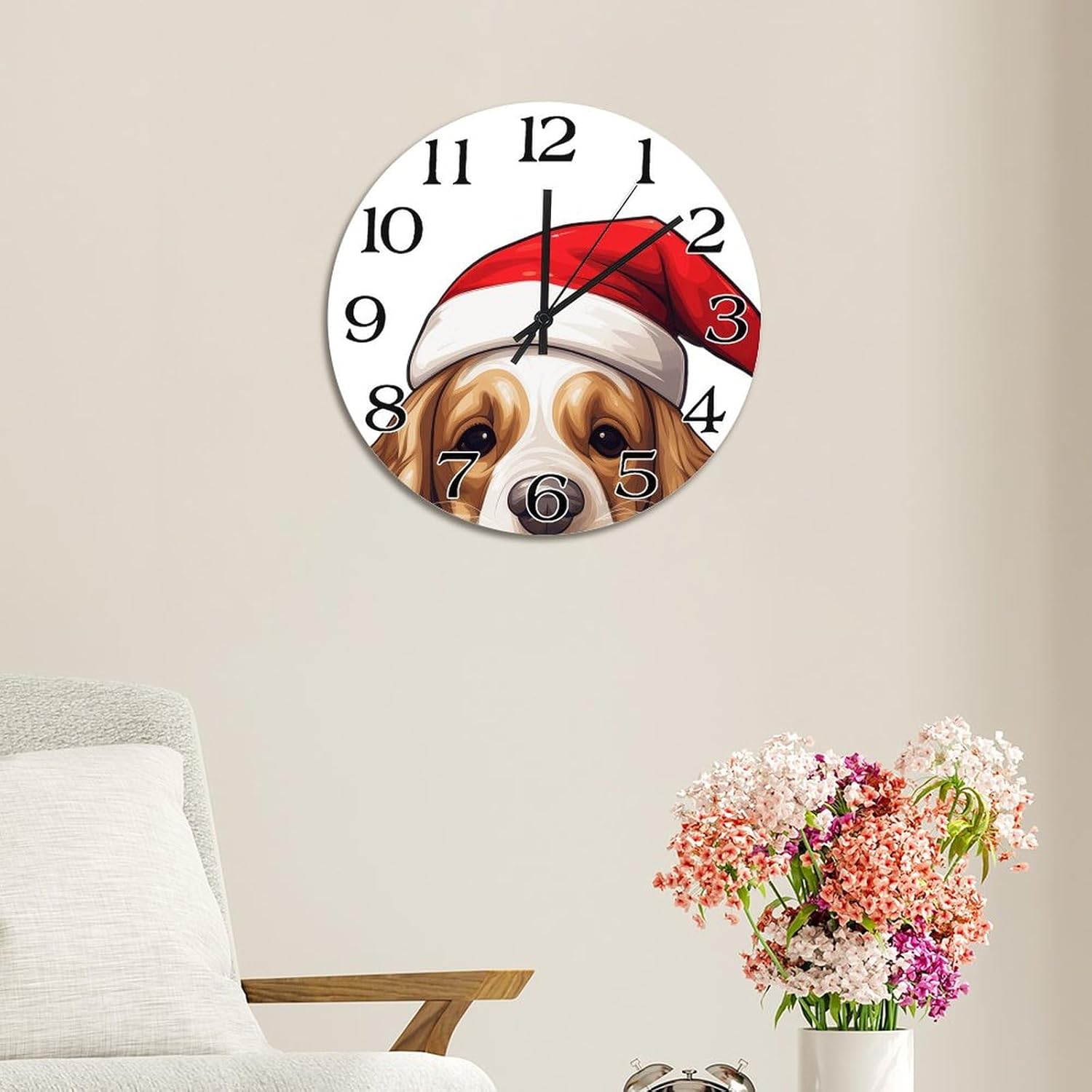 Christmas Hat Peeking Dog English Cocker Spaniel Wall Clocks 15in Pet Dog Puppy Round Decorative Wood Wall Clock Retro Hanging Silent Wooden Wall Clock for Bedroom Kitchen Kid's Room Home Decor