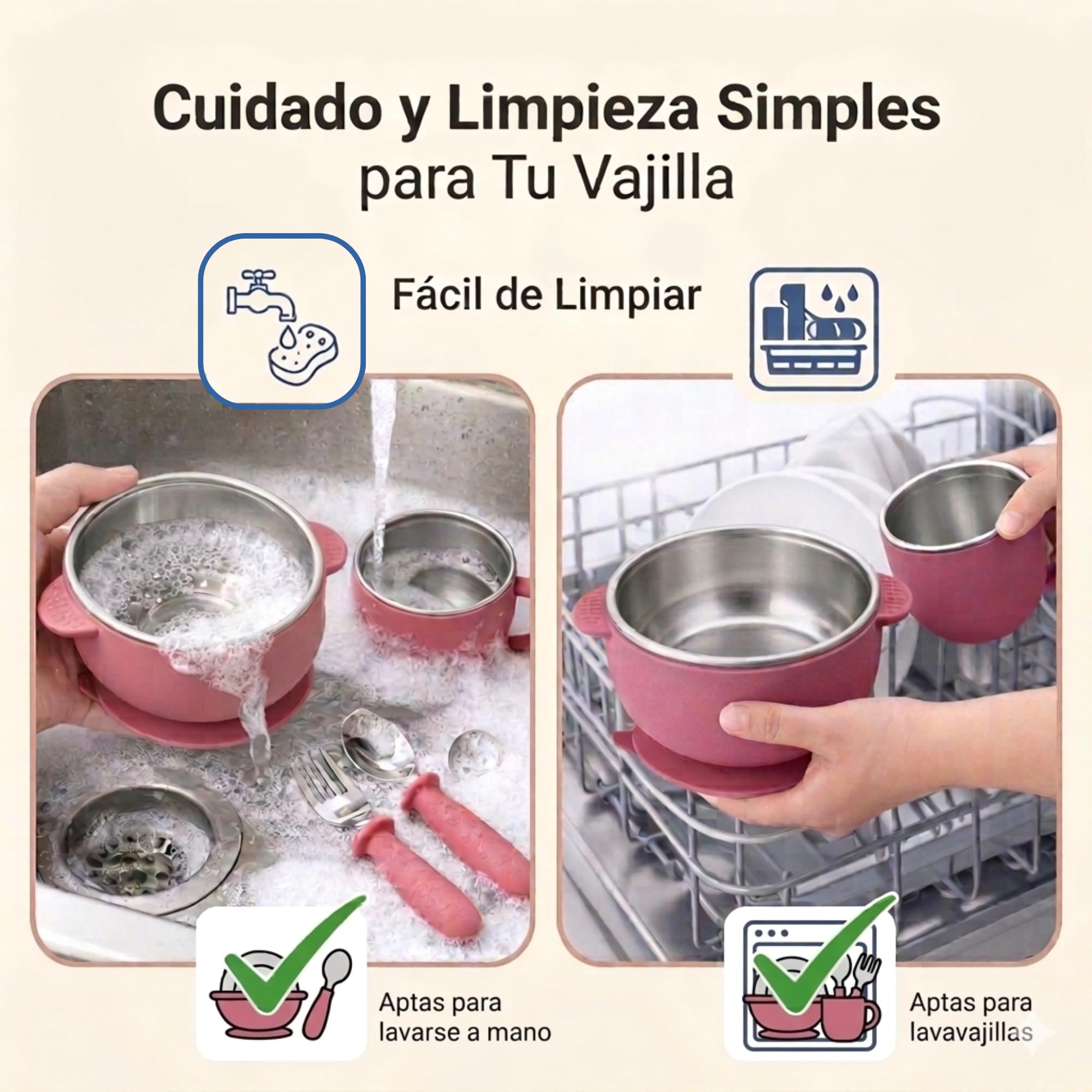 Set Bebé 4 Piezas 2en1 Acero Inoxidable + Silicona | Cuenco y Vaso Desmontables con Ventosa + Cubiertos BLW | Sin BPA Apto Lavavajillas | Alimentación Complementaria 6 Meses (Rosa)