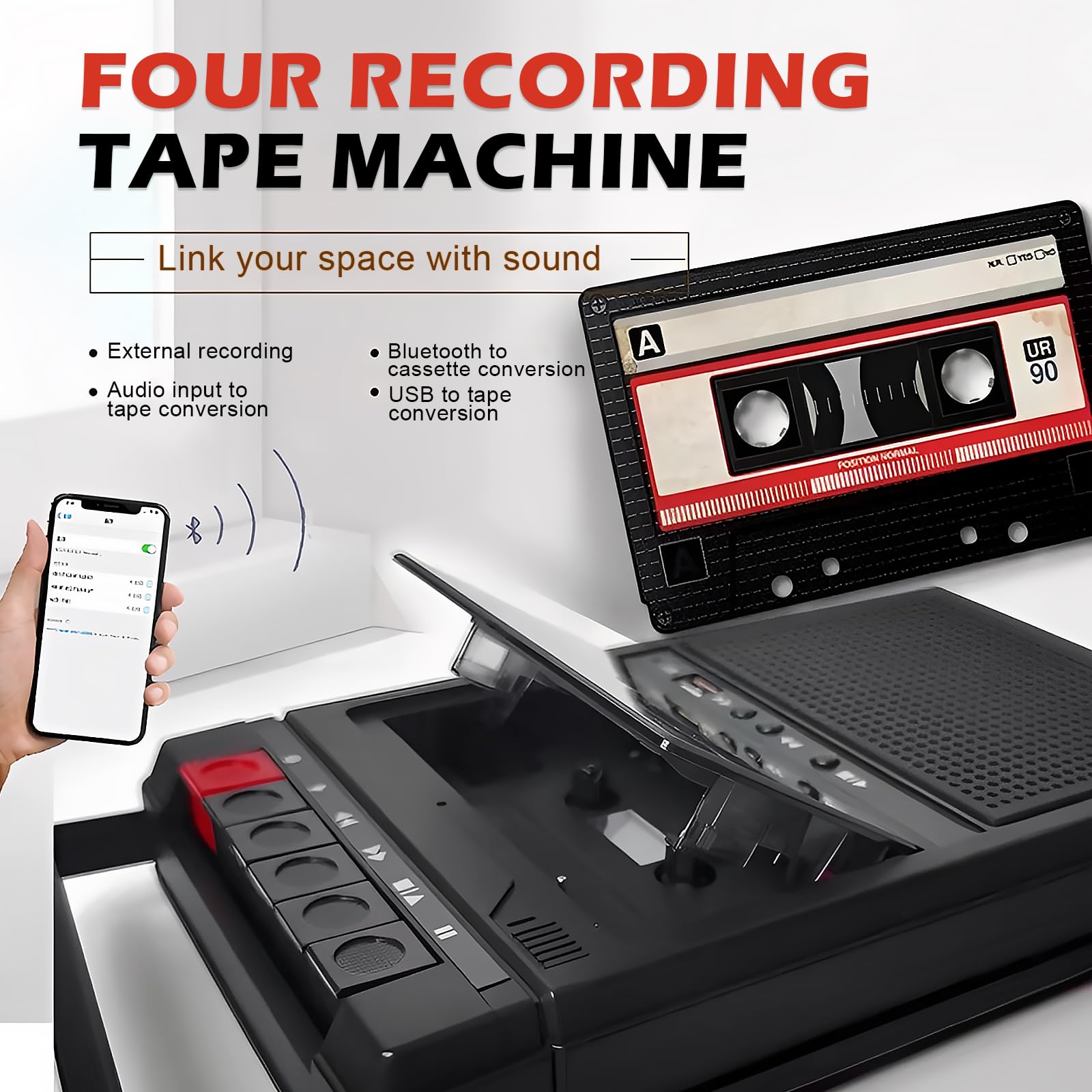 Lecteur de cassette rétro portable, lecteur de cassette Bluetooth avec fonction d'enregistrement, numérisation de cassettes via USB et audio, lecteur de cassette mobile avec double alimentation