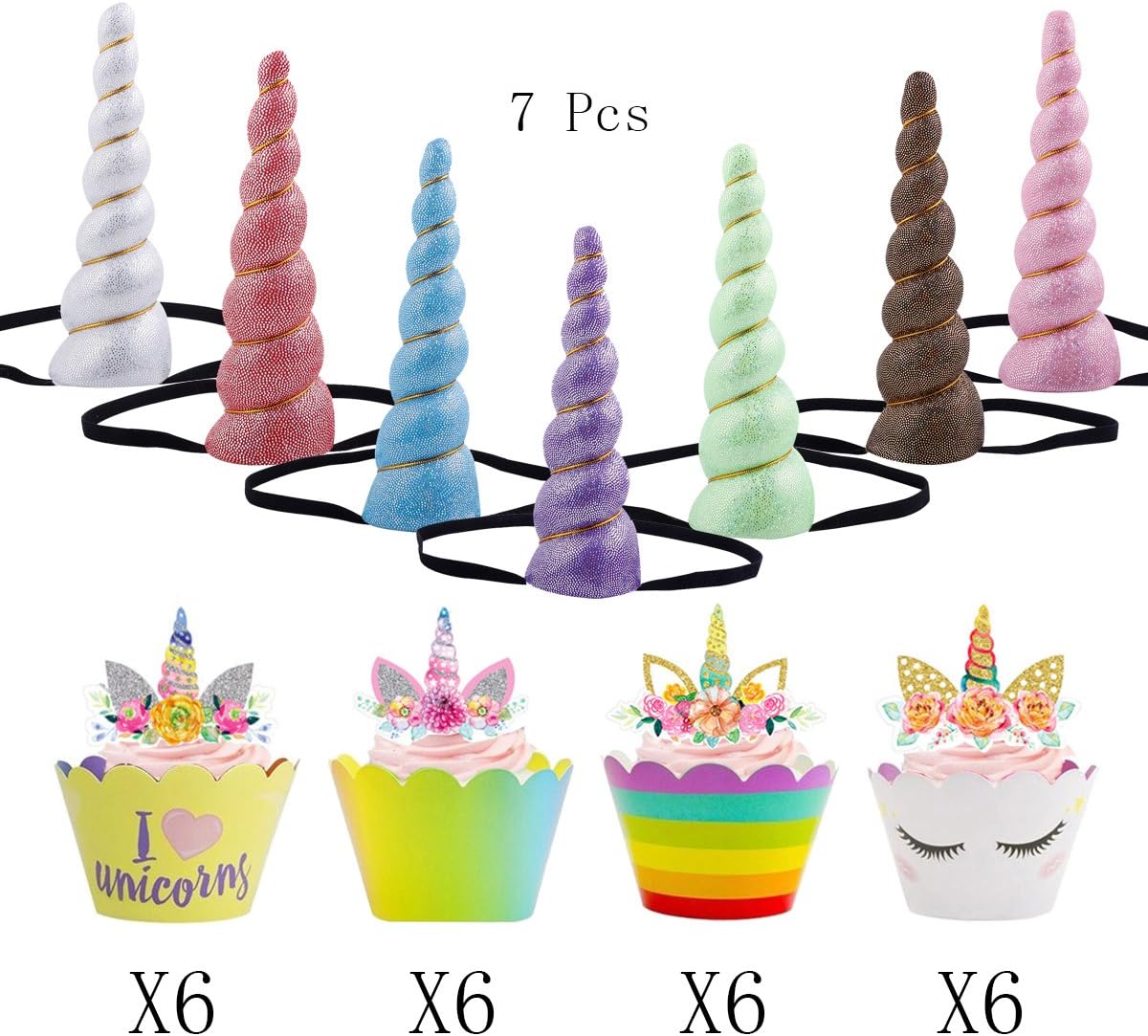 7 pcs Unicorn Horn Glitter Elastic Headband Spiral Unicorn Horn cosplay - 24 set Unicorn Cupcake Toppers, Magical Unicorn Horn,Children's Party Supplies