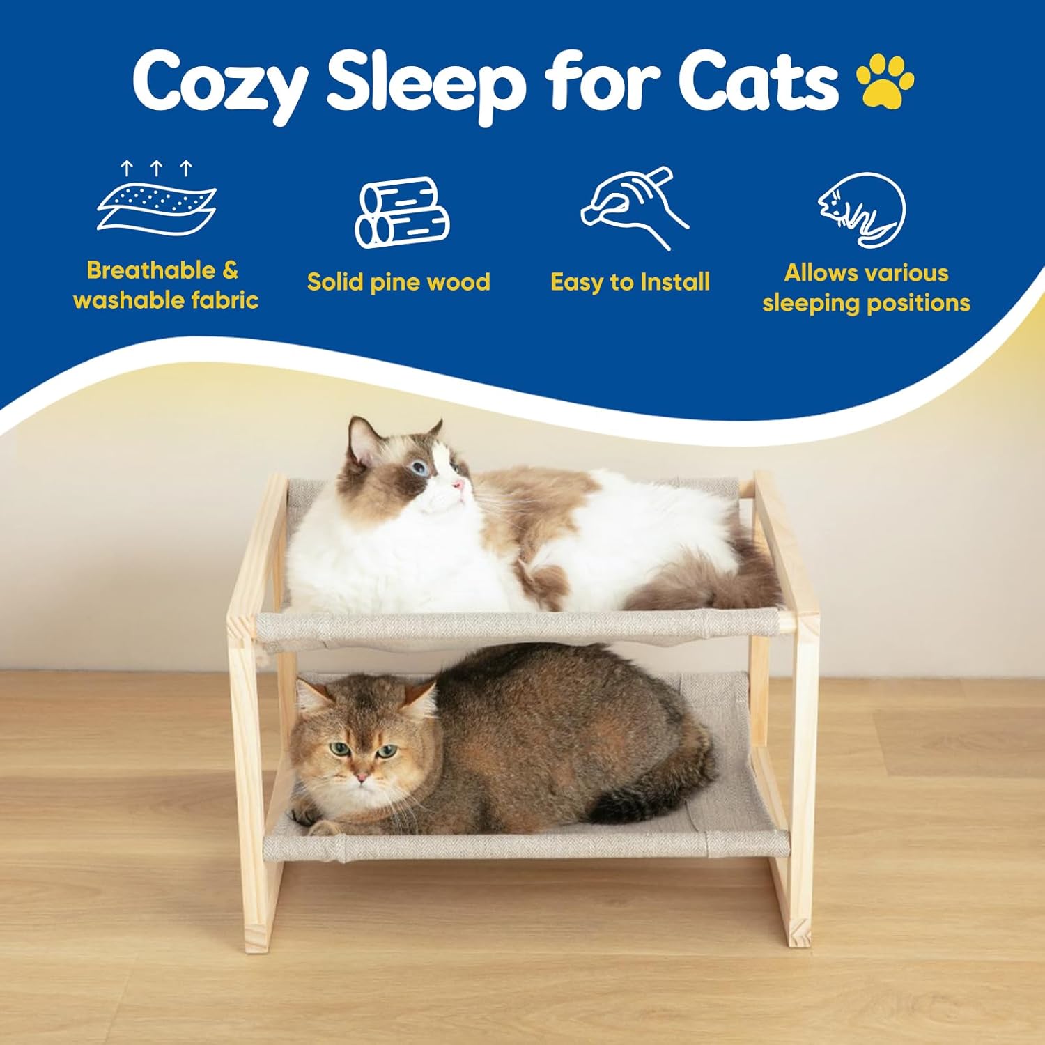 Cat Hammock, Double Layer Wooden Bed for Indoor Cats, 2 Tier Elevated Cat Bed with Breathable & Washable Covers, Sturdy Natural,20 x 16.5 x 13 Inch
