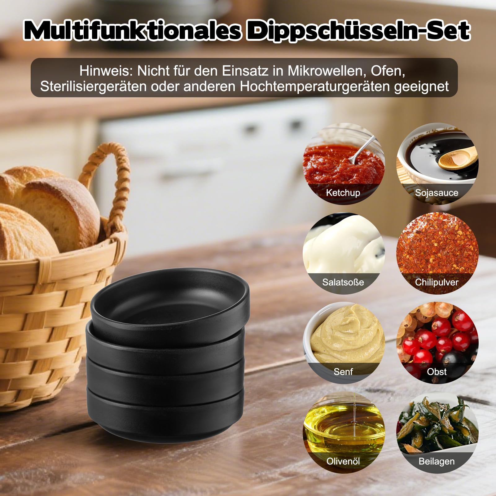 10 Stück Dipschalen Set, Dip Schälchen Set Schwarz 8,7 x 2,5 cm Melamin Rund Kleine Schalen Saucenschälchen Stapelbar für Sushi Sojasauce Ketchup Gewürze Snack BBQ, Schwarz