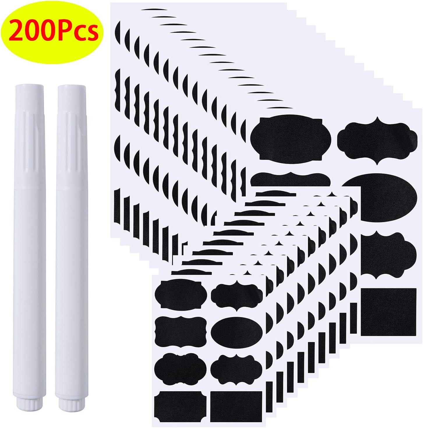 200 Waterproof Chalkboard Labels Stickers Chalk Board Mason Jar Labels, Reusable and Free Erasable Labels for Your Pantry Storage & Office with Bonus 2 White Liquid Chalk Markers