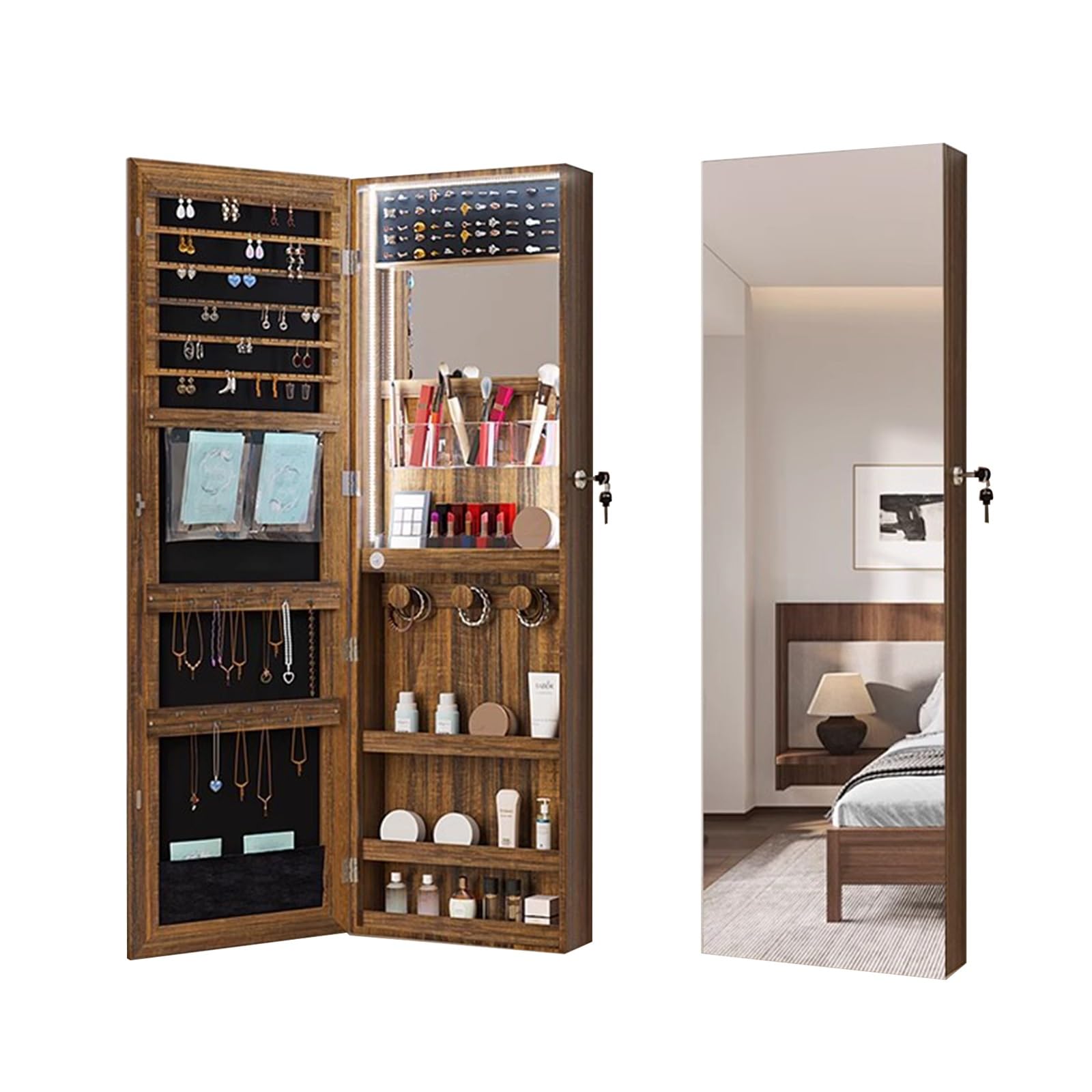 HXYhydrypd Mirror Jewelry Cabinet, Wall-Mounted Cabinet with LED Interior Lights, Jewelry Organizer, Full-Length Mirror(Brown)