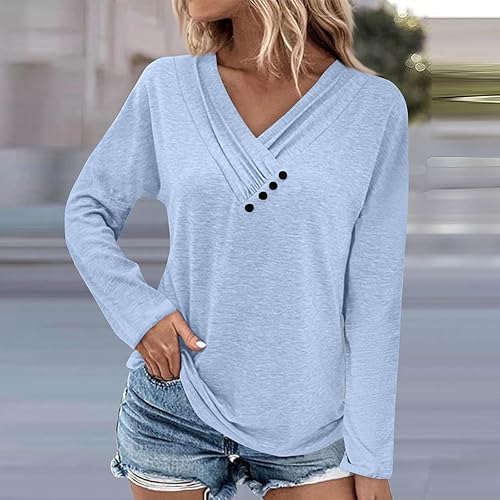 Miniatura 4 de JJHAEVDY Sudadera para mujer, con botones, cuello en V, panel en el pecho, sudaderas fruncidas de color liso, manga larga, trajes elegantes