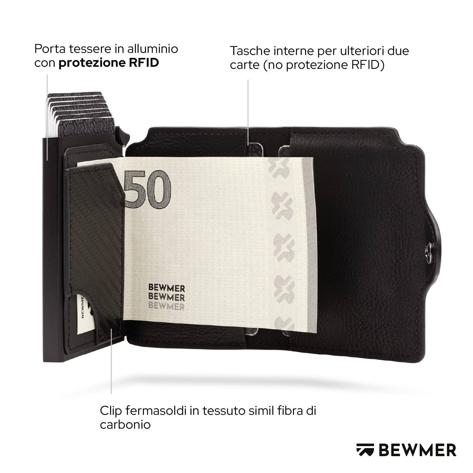 BEWMER Porta Carte di Credito 1 ZIP Schermato | Portafoglio Slim da Uomo e Donna | Porta Tessere e Documenti con Rfid Protection e Fermasoldi in Carbon Fiber (Nero con Zip)