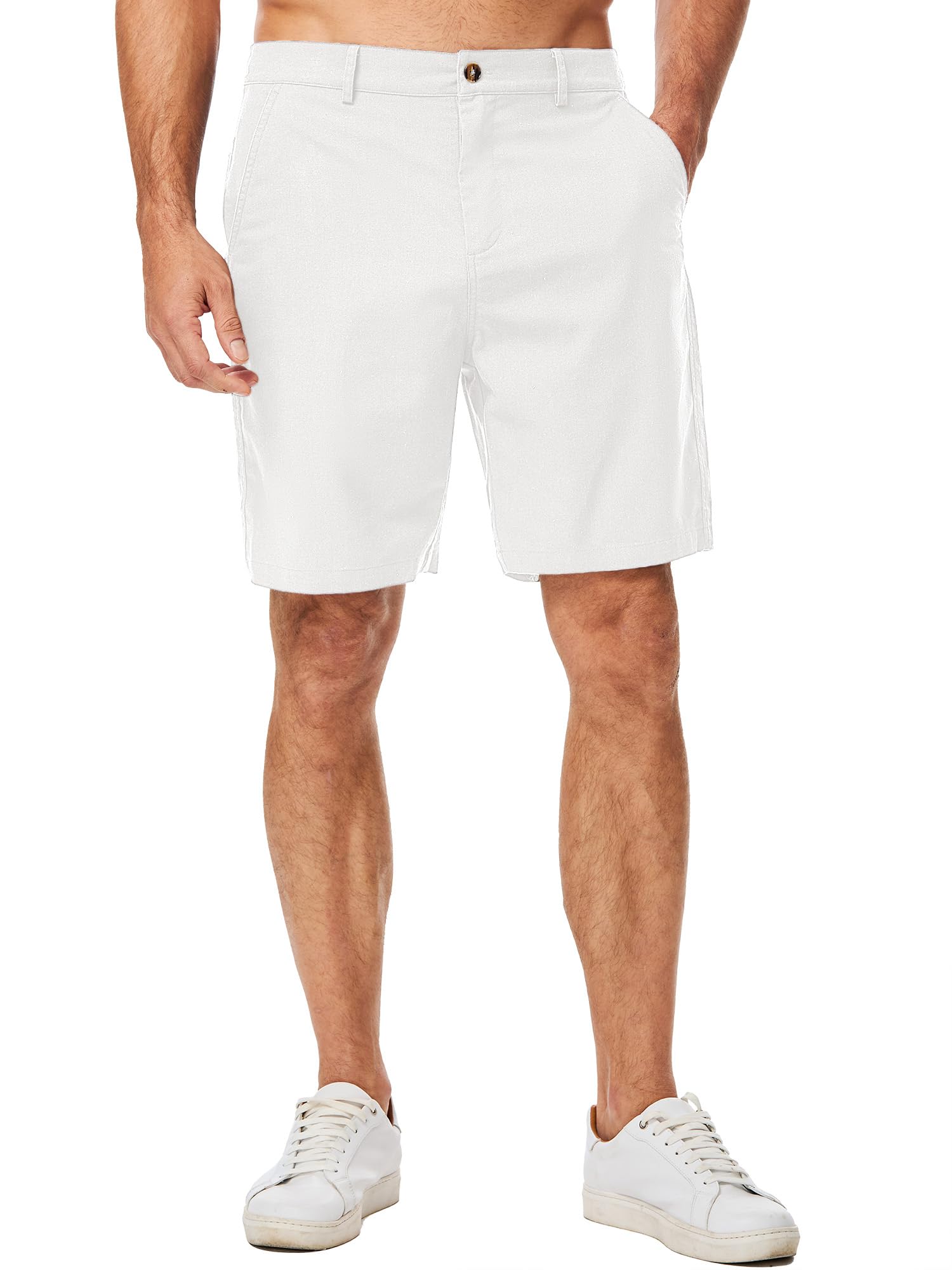 JMIERR Mens Casual 8" Cotton Linen Shorts - Button Waist Summer Beach Shorts with Pockets
