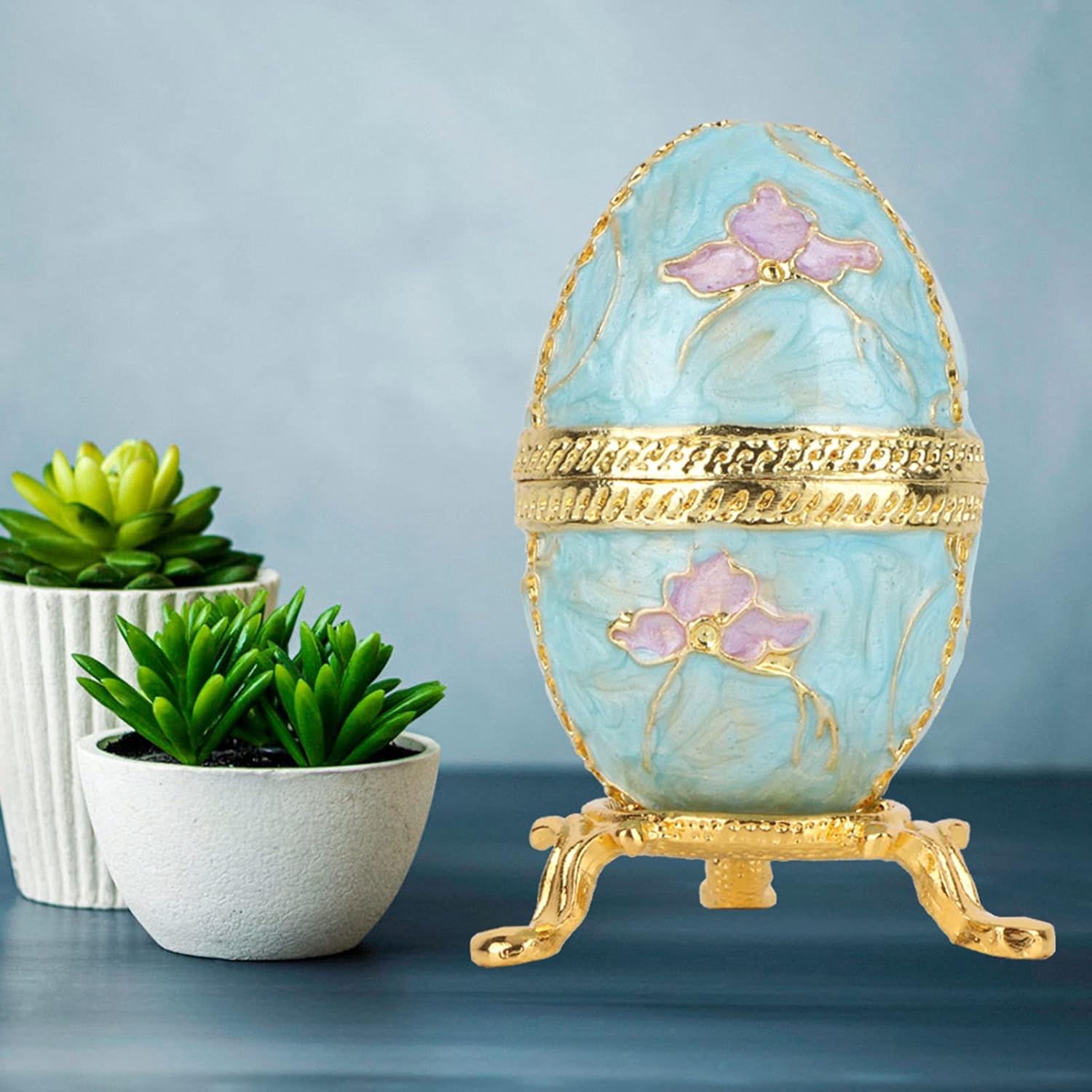 Faberge Style Egg Painted Enameled Easter Egg Vintage Style Jewelry Organizer Trinket Box Decoration Gift Egg Collectible Case