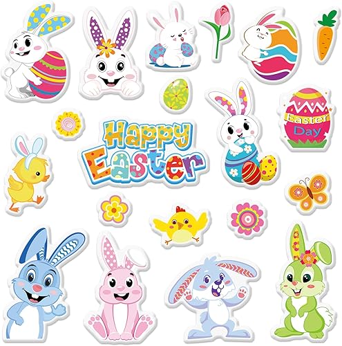 JarThenaAMCS 20 calcomanías de gel gruesas de Pascua con dibujos animados de conejo de Pascua, huevos de Pascua, calcomanías de gel extraíbles para