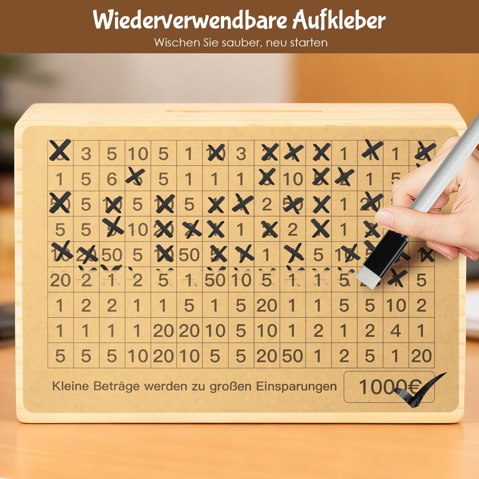 Bemaystar Spardose Holz, Großformatige Spardose Erwachsene für Kinder - Sparbox mit Zähler & Sparzielen für Münzen & Scheine - Ohne Montage Nötig (4 Sparziele von €1000 bis €10000)