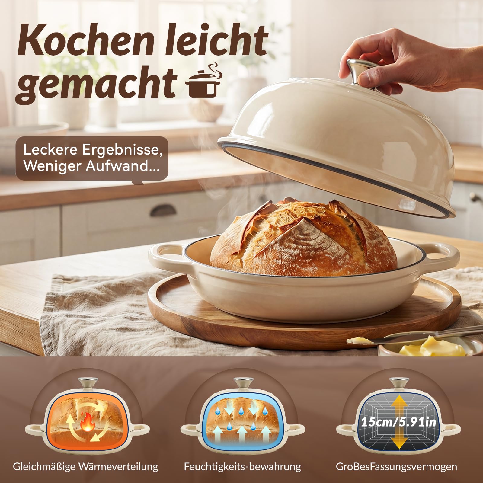 Warmiehomy Gusseisen Topf, 4.4L Emaille Brotbacktopf mit Gewölbter Deckel