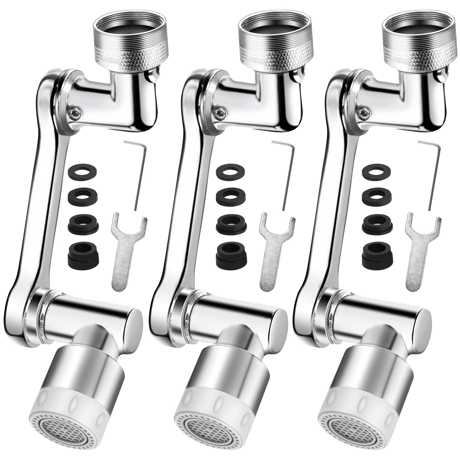 Aeratore per Rubinetto Ruotabile di 1080°, Rame Puro, con Soffione Doccia Regolabile in 2 Modalità, Spruzzatore con Filtro Rete 4 Strat per Rubinetti M22/24, per Cucina/Bagno, Argento (3 PCS)