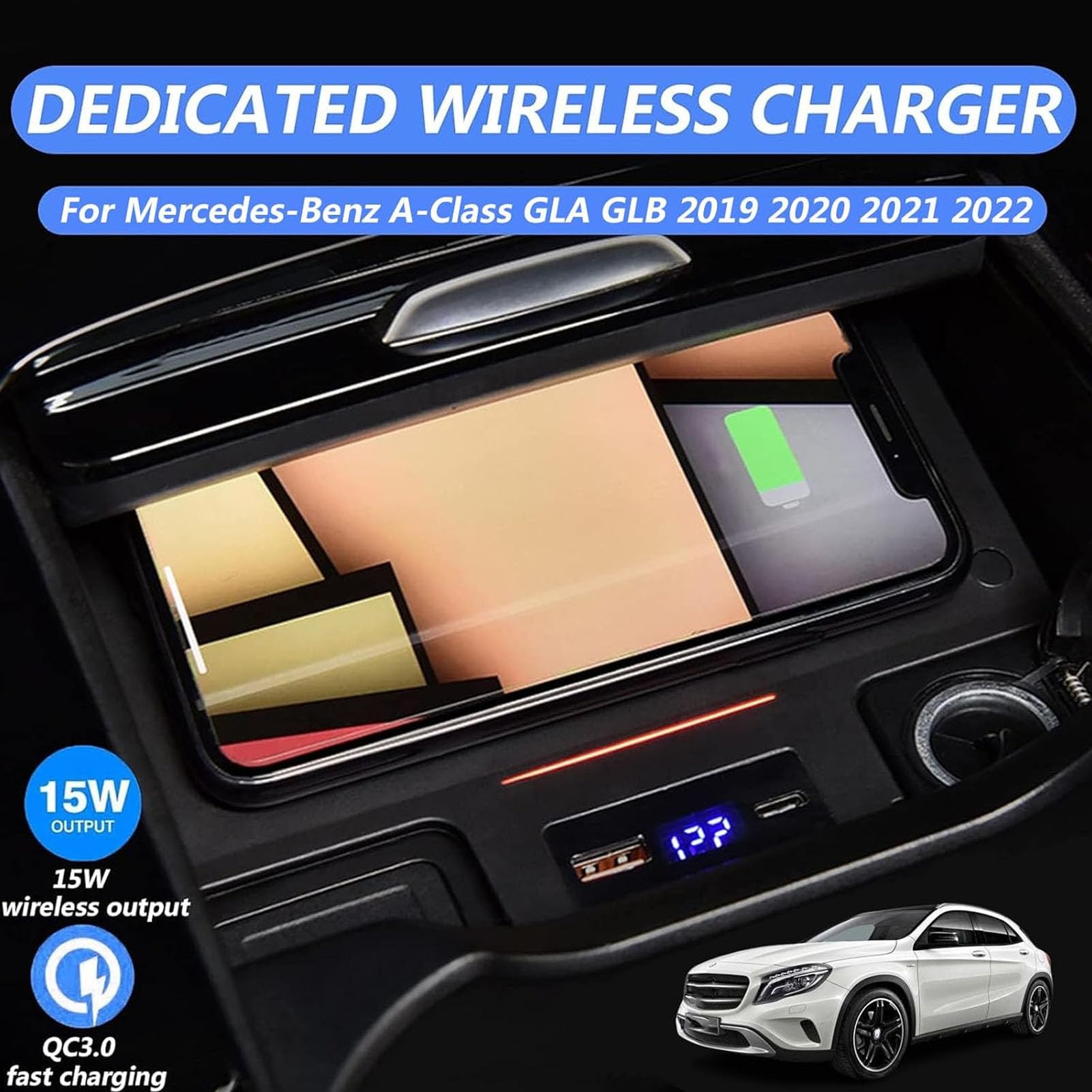 Cargador De Coche Inalámbrico para Mercedes-Benz Clase A GLA GLB 2019 2020 2021 2022,Cargador De Teléfono Qi De 15 W,para Cualquier Teléfono Compatible con Qi