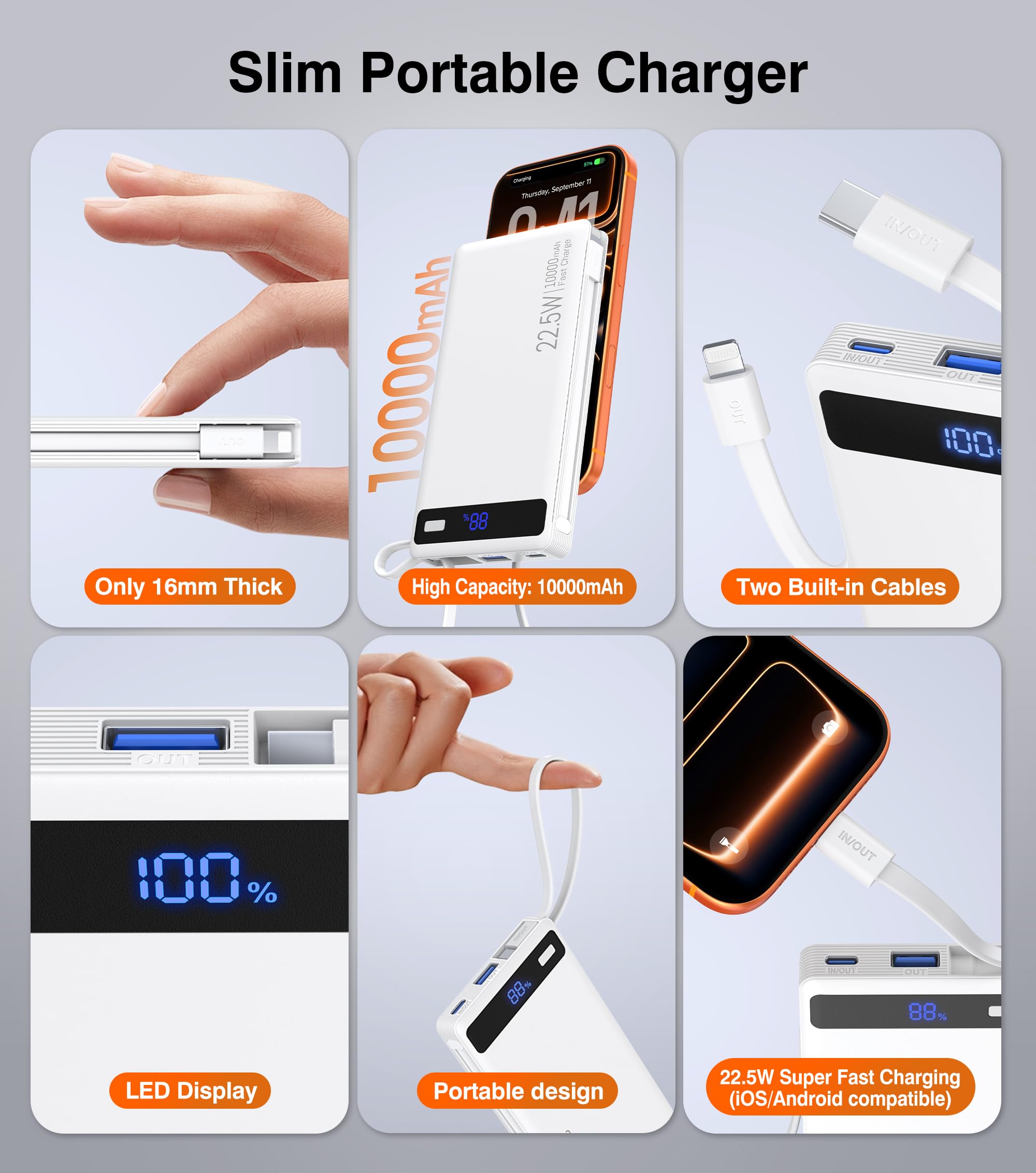 Power Bank con doppi cavi integrati, ricarica rapida da 10000 mAh, caricabatterie portatile PD da 22,5 W con display del livello della batteria e 4 porte, compatibile con iPhone 17/16/15/14