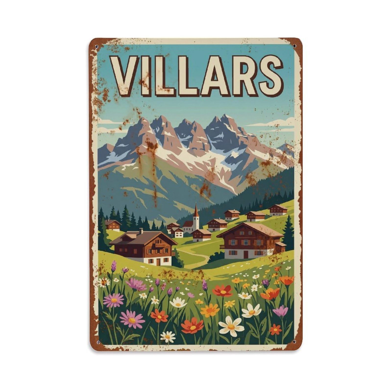 Vintage Travel Villars Switzerland Metal Tin Sign