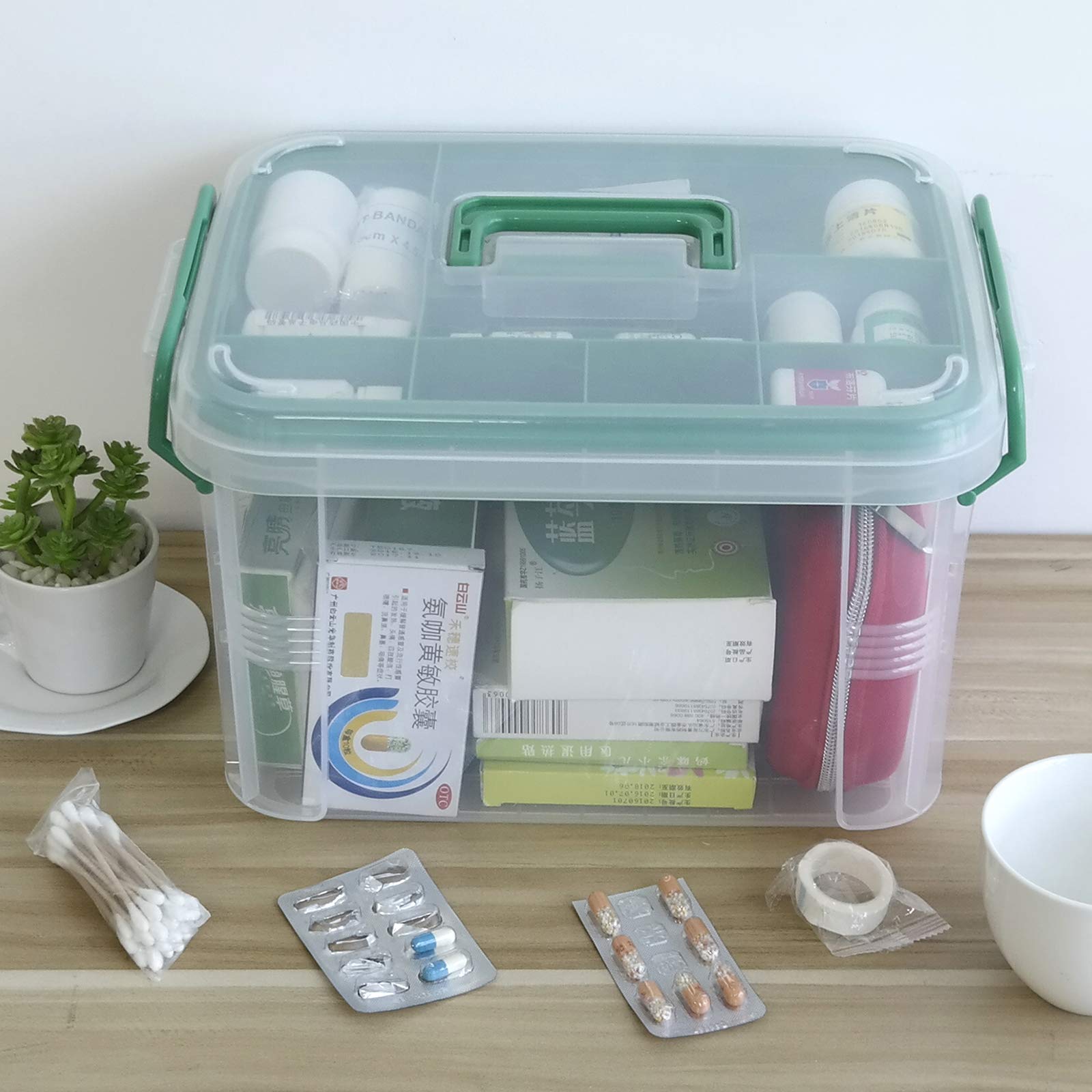 Portatore di pronto soccorso in plastica, 2 strati con scomparti, organizer per medicine di famiglia, 1 pezzo, trasparente