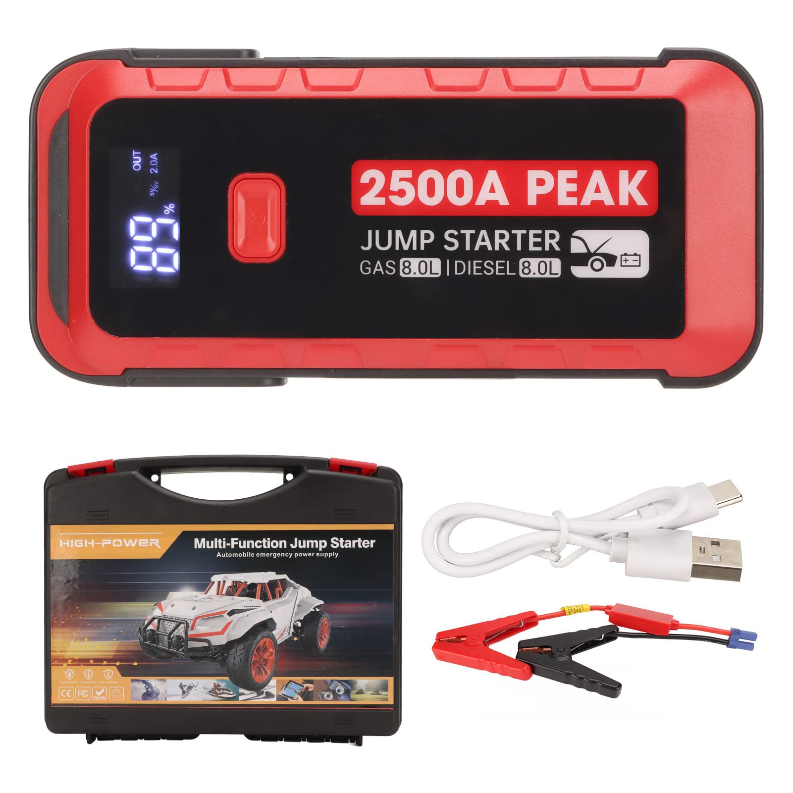 2500A Peak 25800mAh Urządzenie do Uruchamiania Awaryjnego Samochodu, Zestaw Wspomagający Akumulator Samochodowy, Przenośna ładowarka Power Bank z Szybkim ładowaniem USB 3.0,