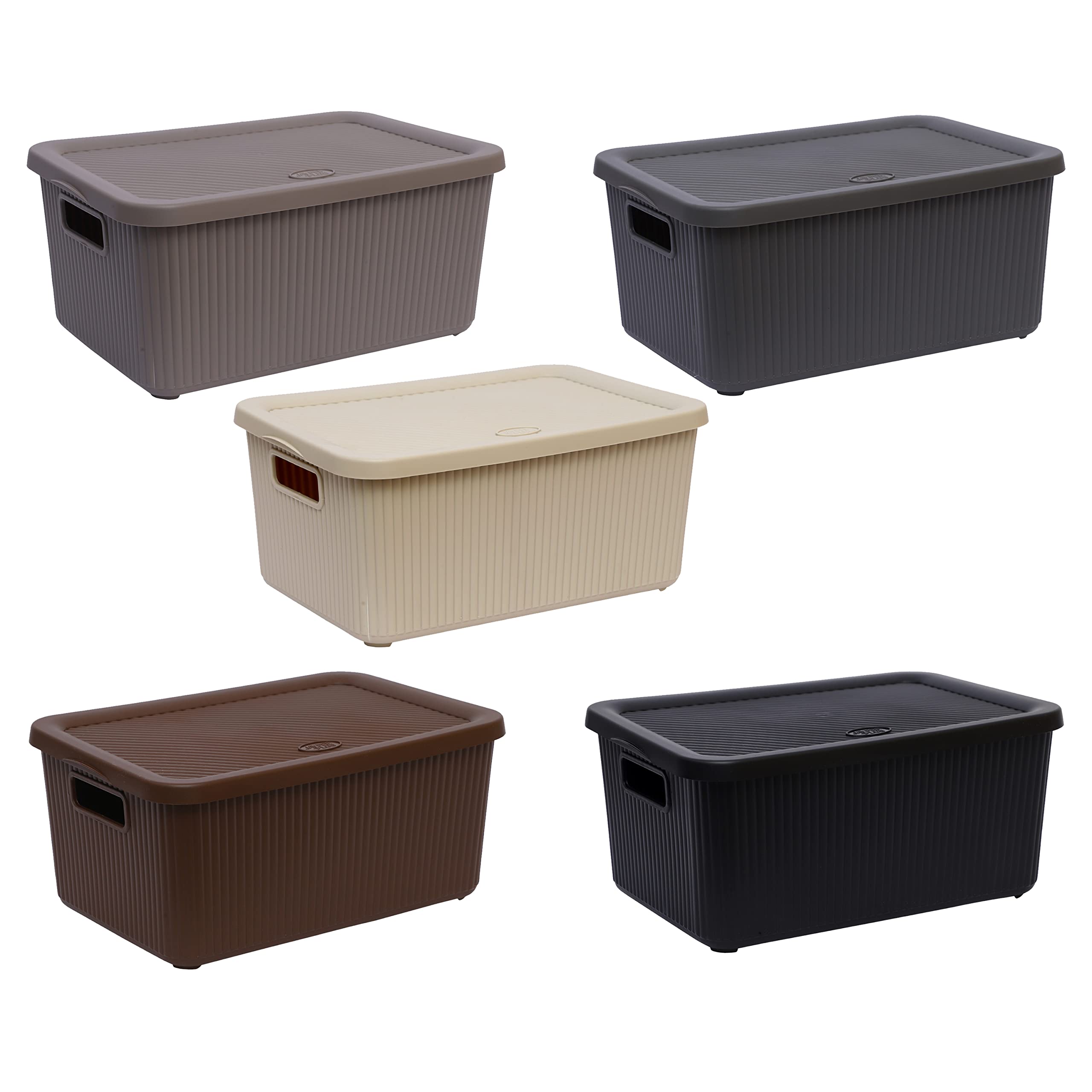 M1ss Random Set Of 3-14L Litre Large Plastic Knitted Storage Basket With Lid, Storage Box Stackable Organiser Lidded Bin Box Large Rib Box For Nursery, Kids, Closet, And Many More (Random)