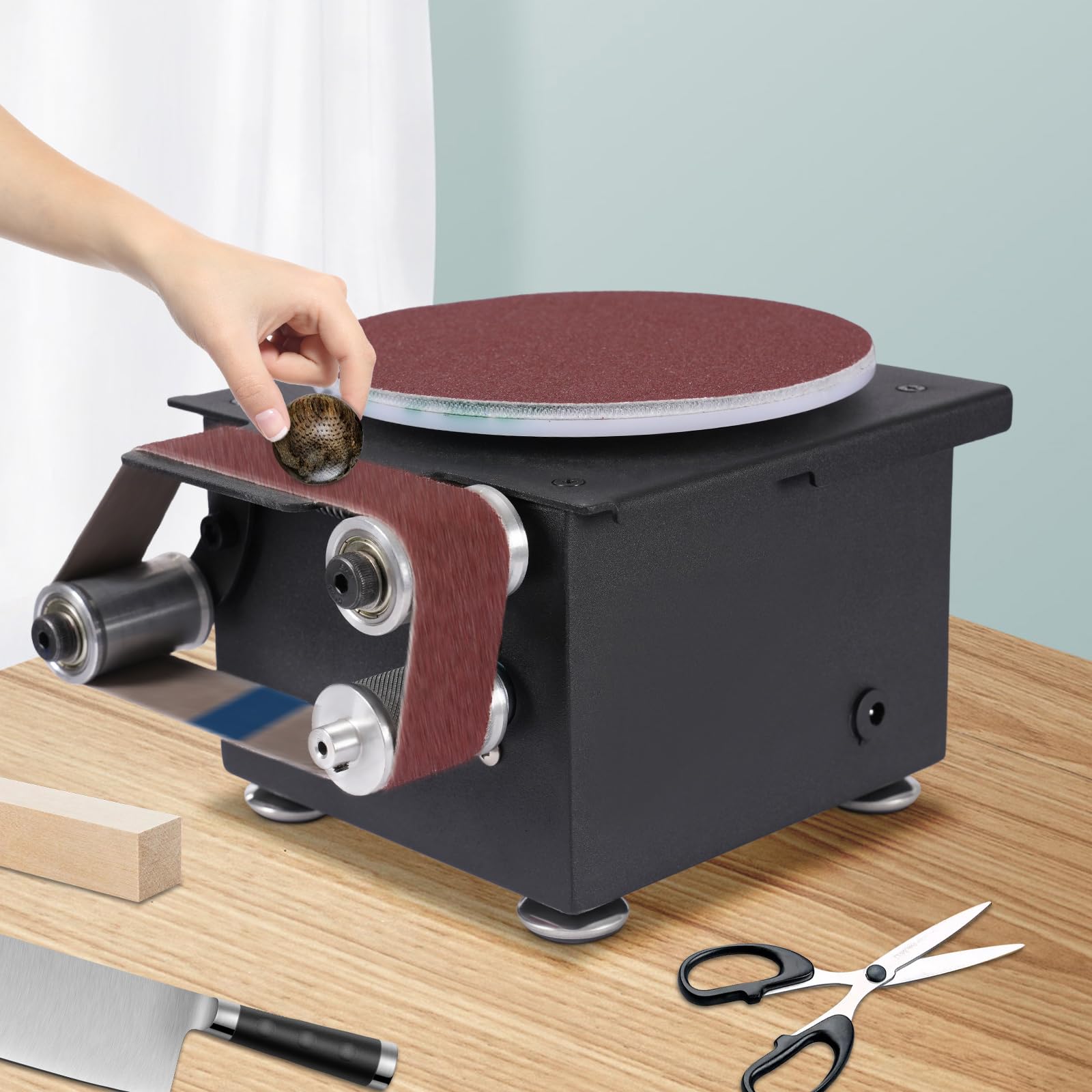 Stand Band und Tellerschleifer 100W Elektrischer Bandschleifer, 150mm Schleiftellers, Schneidkantenschärfer mit 10 Blatt Schleifpapier und 10 Schleifbändern, DIY Poliermaschine für Metall, Holz usw