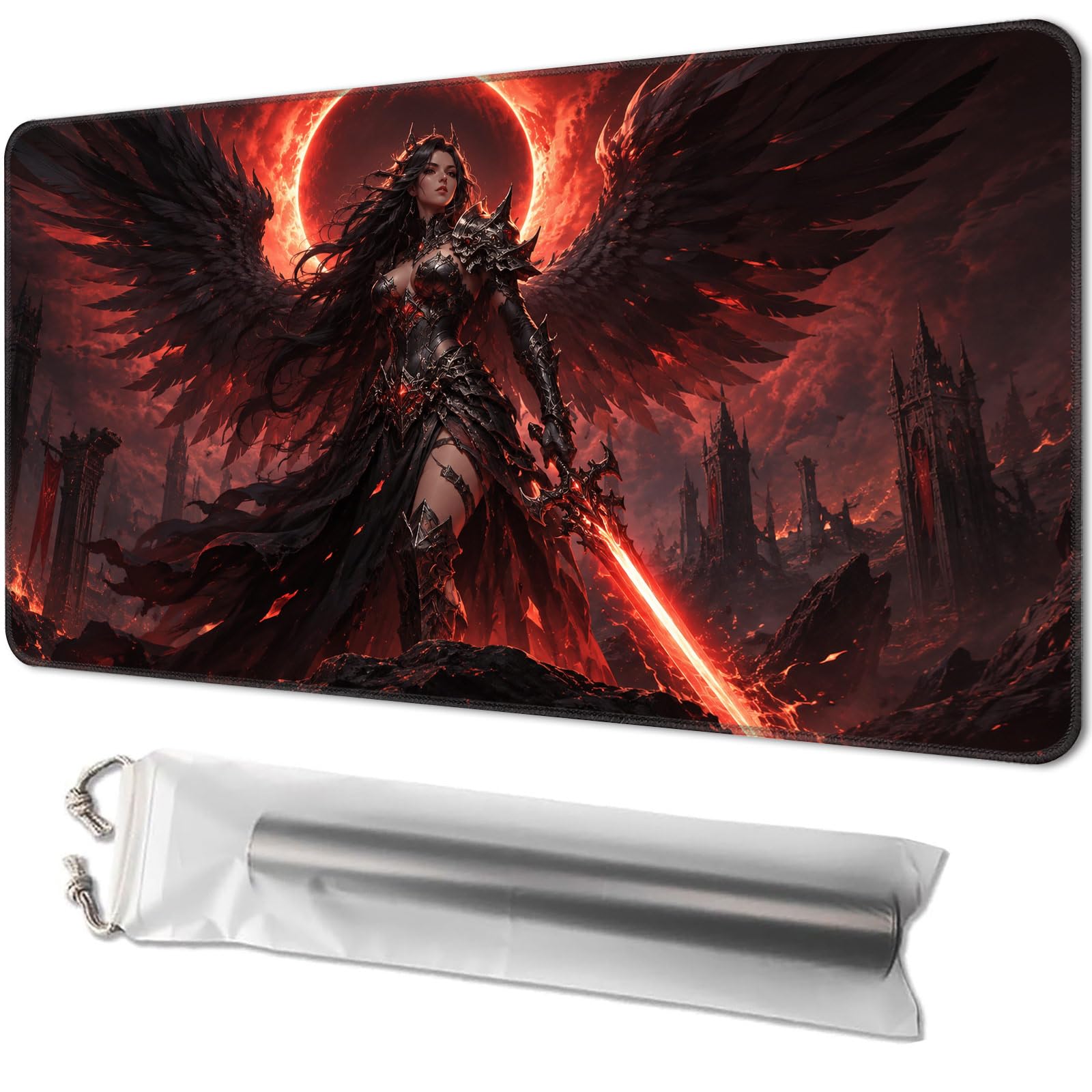 Playmat for MTG, 24 x 14 Inch Non-Slip TCG Mat, Dark Eclipse Angel