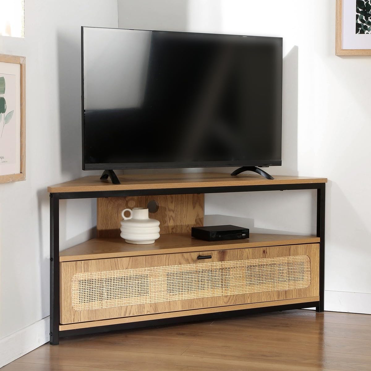 Calicosy – Mueble de TV esquinero con 1 puerta abatible, cannage de ratán – Decoración de madera – paneles de partículas – patas de metal – salón o dormitorio – estilo exótico y natural – 100 x 30 x