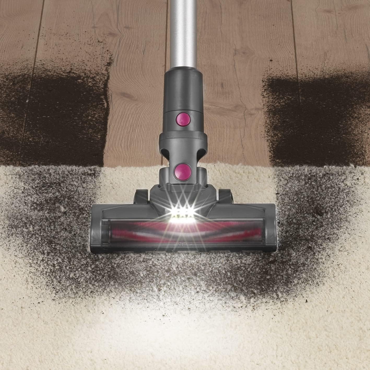 Close-up of MAXXMEE 02026 floor brush with LED lights on carpet
