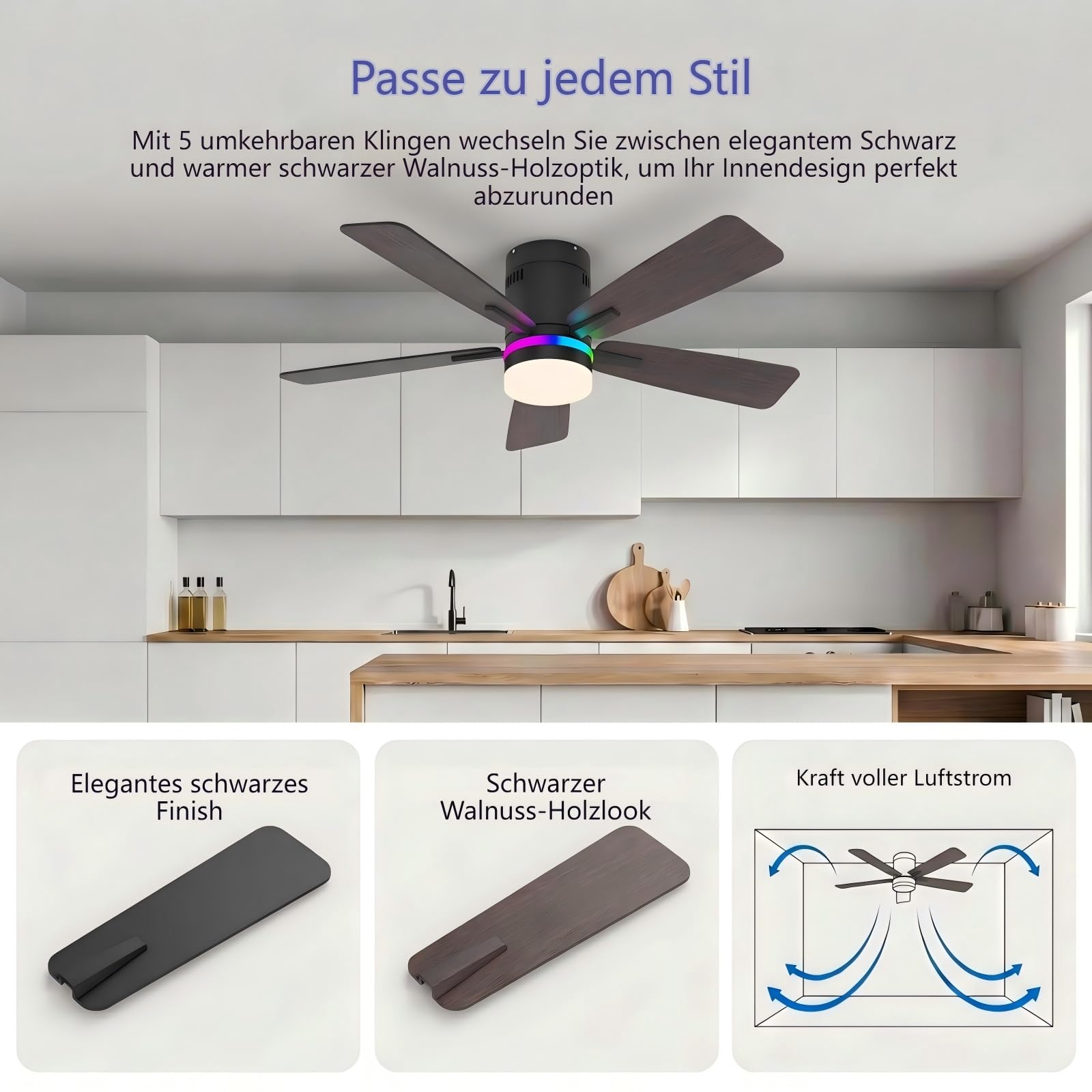 Deckenventilator mit RGB-Beleuchtung Schlafzimmer | Fernbedienung& App, 6 Stufen, Timer, 3CCT LED, Sommer-/Wintermodus, 5 Doppelseitige Flügel, Schwarz, für Wohn- & Schlafzimmer