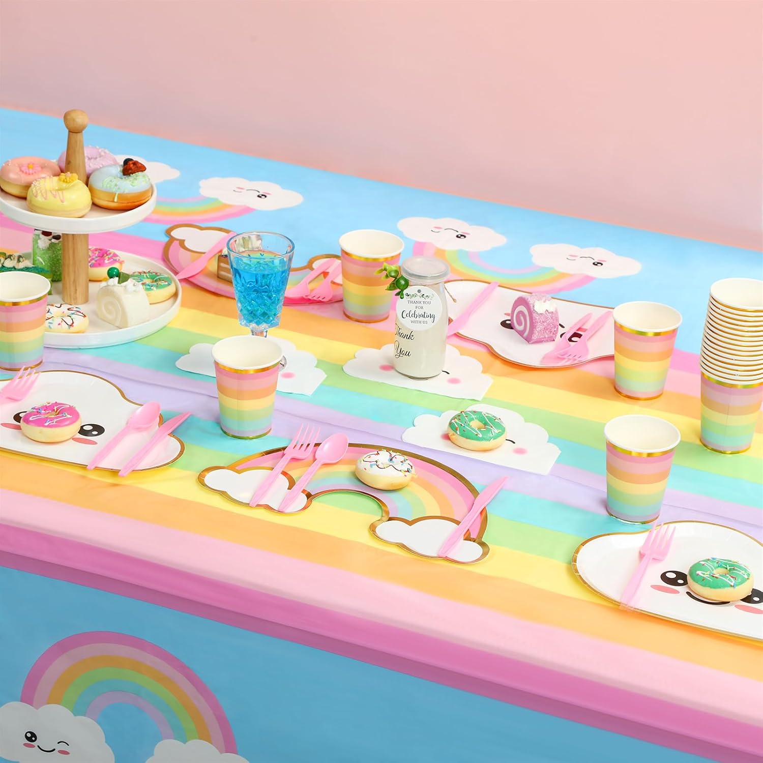 Dandat 175 Pcs Rainbow Party Decorations Happy Birthday Party Supplies Serves 24 Guests Rainbow Design Plates Cups Napkins Tablecloths Banner - Image 3