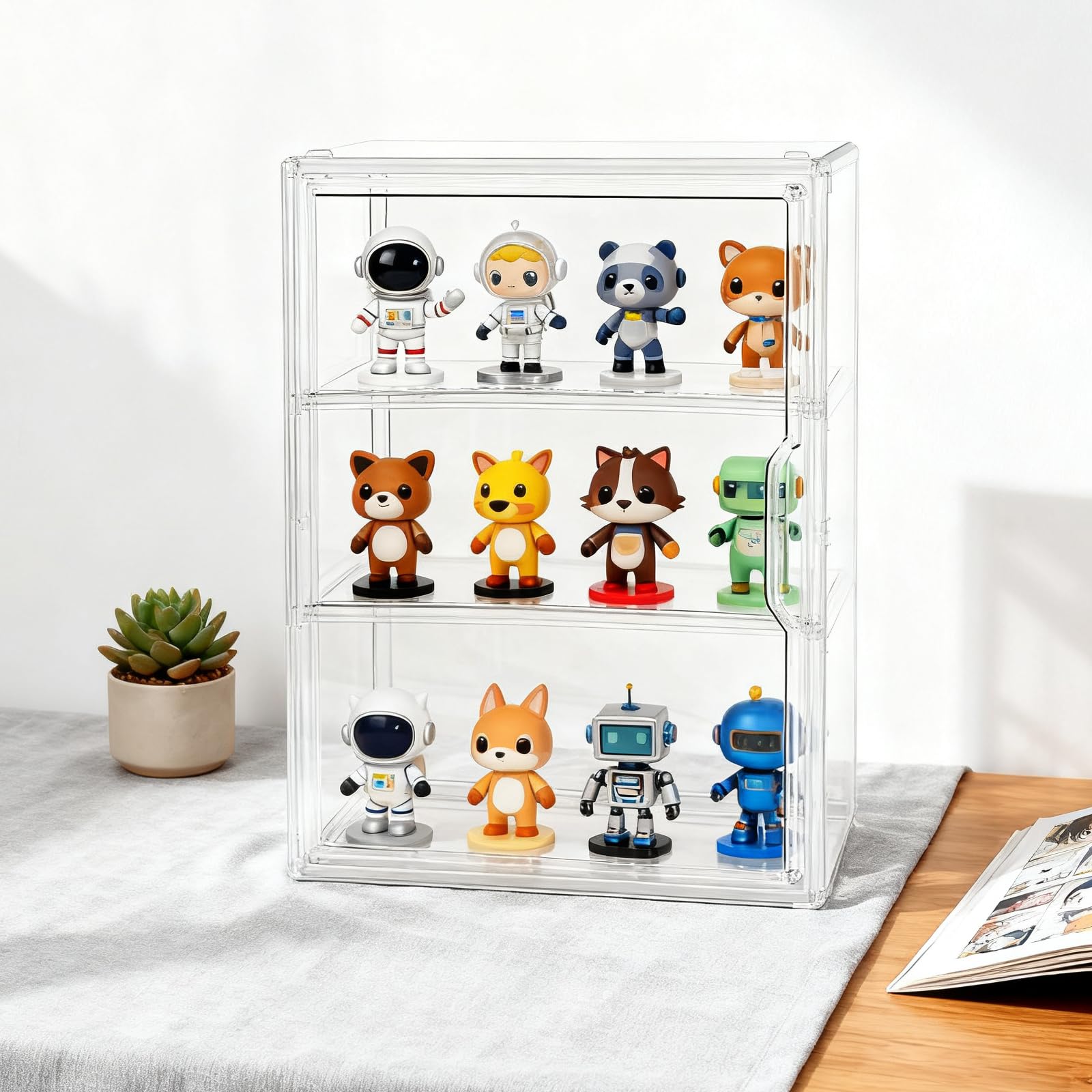 3 Tier Vitrine Acrylique pour Collection Figurine Vitrine Transparent avec Porte Magnétique Anti-Poussière Empilable Vitrine Exposition pour Pop! Figurines Poupées Blind Box Voiture Bijoux Cosmétiques