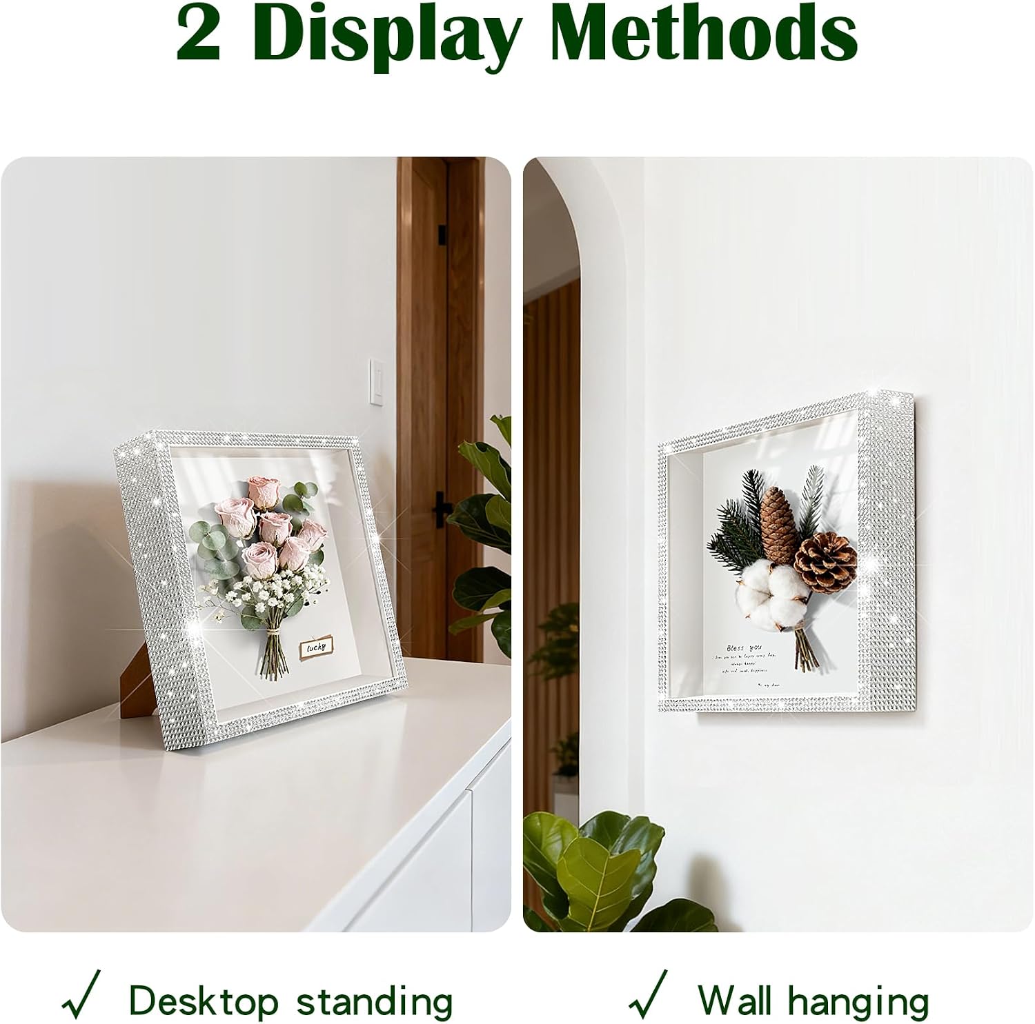 8x8 Bling White Shadow Box Frame Rheinstone Photo Frame Display Case Box for Memorabilia,Wedding Memories, Crafts, Tickets and Photos（Internal Thickness 1.18in White）