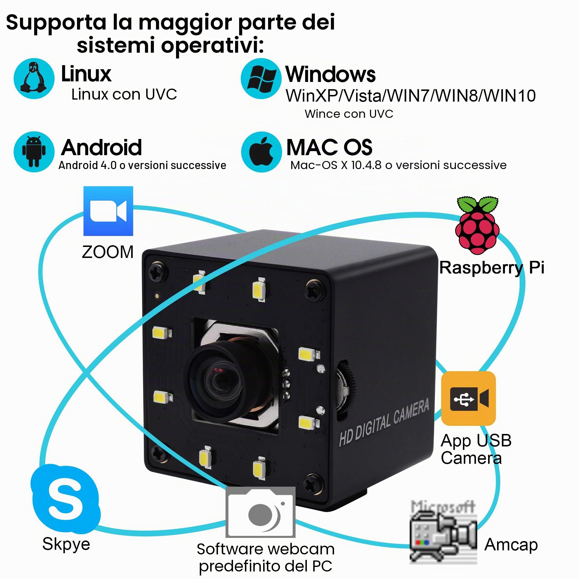 ELP Webcam 4K Autofocus USB visione notturna No-Distortion IMX415 Sensore Ultra HD Camera 3840x2160@30fps, UVC compatibile per videoconferenze