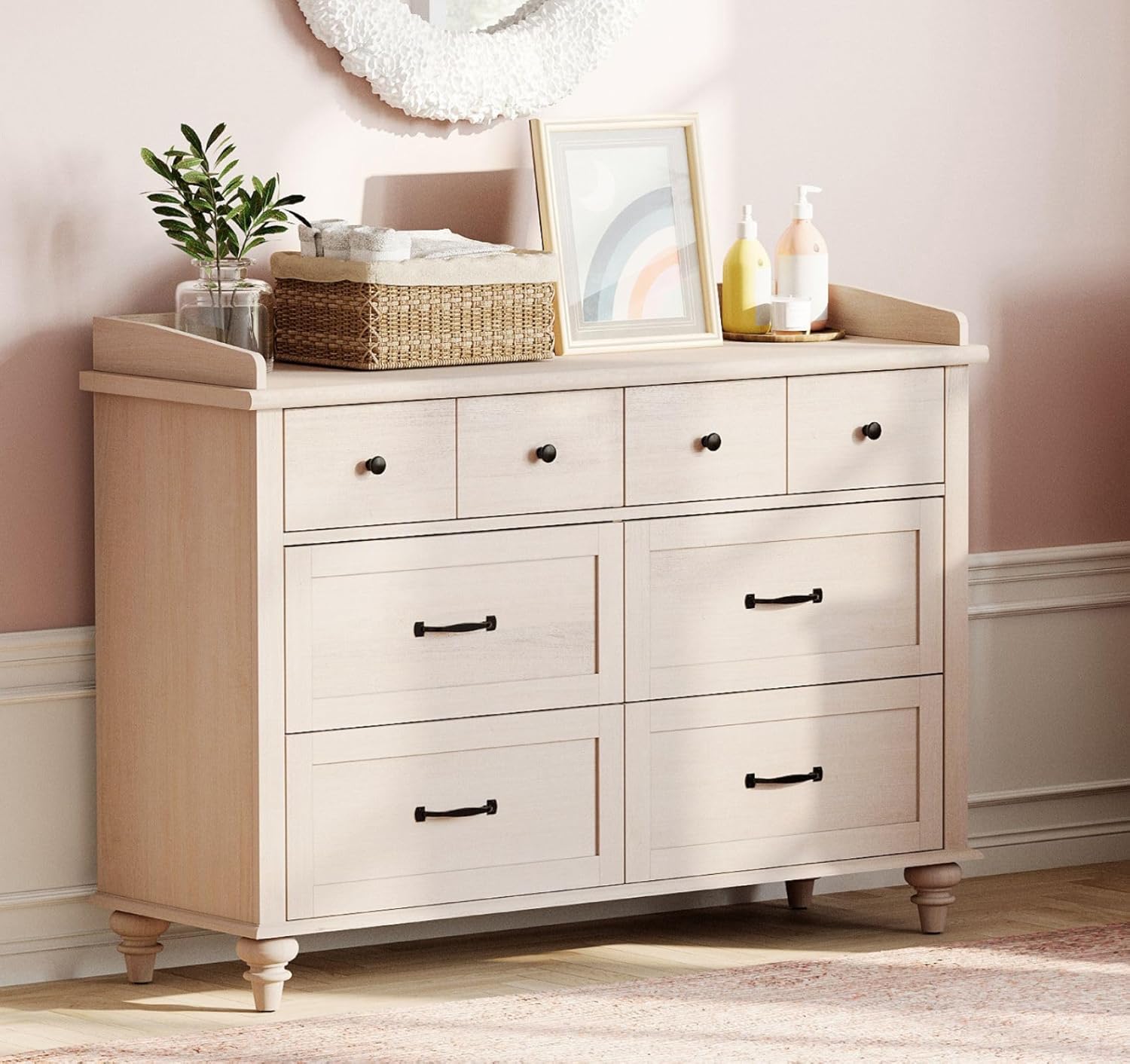 WAMPAT Beige Baby Dresser with 6 Drawers for Kids Room, Kids Dressers Wooden Double Dresser for Bedroom, Chest of Drawers Storage Organizer for Nursery Furniture