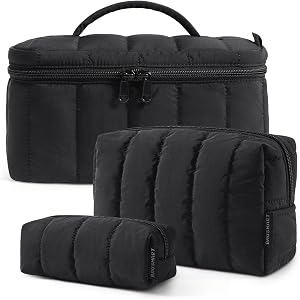 BAGSMART Lightweight 3-Pack Travel Makeup Bag, Puffy Longitudinal Quilted Water-Resistant Cosmetic Bag with Handle, Toiletry Pouch Organizer for Business Trip, Weekender, Black