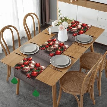 Xmas Balls Print Christmas Table Runner Linen with Tassel Table Cloth Long Table Linens for Dining Table Decorations 14x60in