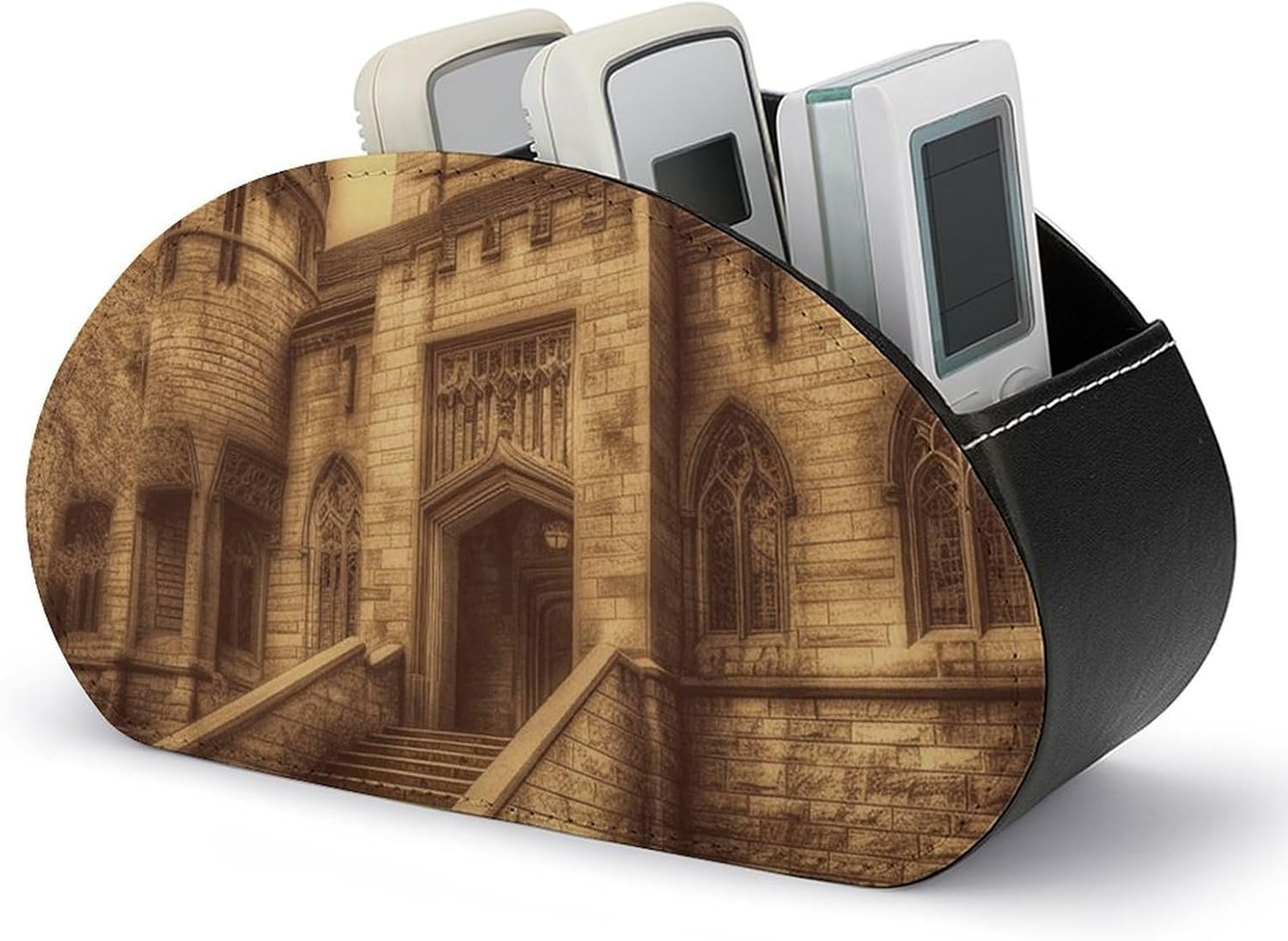 5 Slot TV Remote Holder PU Leather Vintage Medieval Castle Remote Caddy for Home Office Supplies Makeup Brush TV Accessories Multifunctional Desktop Organizer for Nightstand Couch Table Vanity