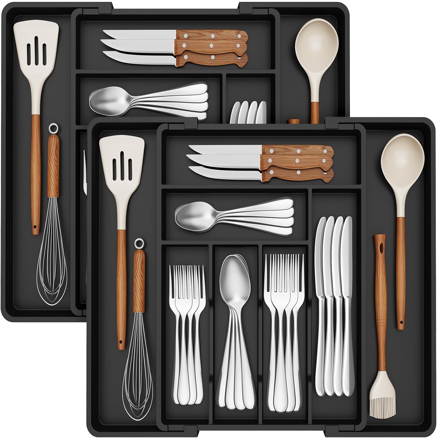 Lifewit Expandable Silverware Drawer Organizer, Adjustable Utensil Cutlery Tray for kitchen, Plastic Flatware Spoon Fork Knives Holder Storage Divider, 2 Pack, Black
