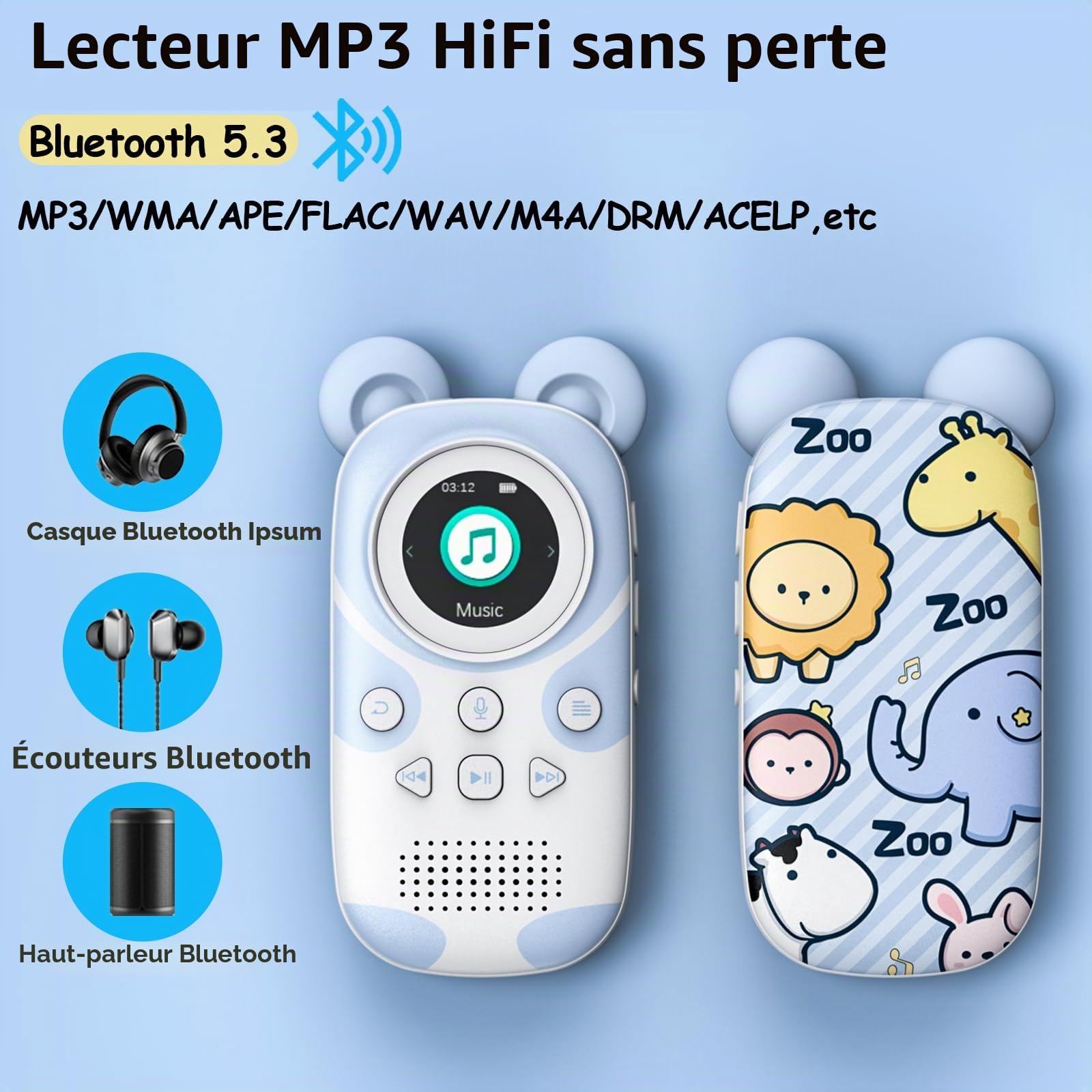 Lecteur MP3 Enfants Bluetooth 5.3 64GB avec Radio FM, Réveil, Enregistrement, Chronomètre