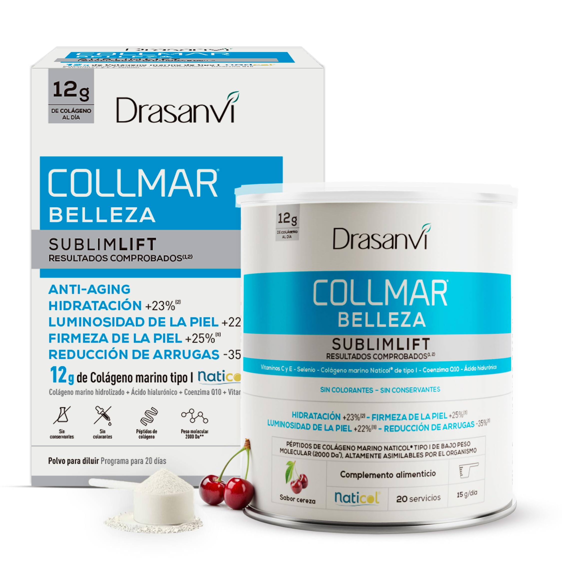 COLLAGENE MARINO BELLEZZA SUBLIMLIFT | Collmar 12 gr Collagene Idrolizzato Puro| Collagene e Acido Ialuronico, Coenzima Q10 +Vitamine | Pelle Soda, Idratata e Senza Rughe | Gusto Ciliegia | 300g