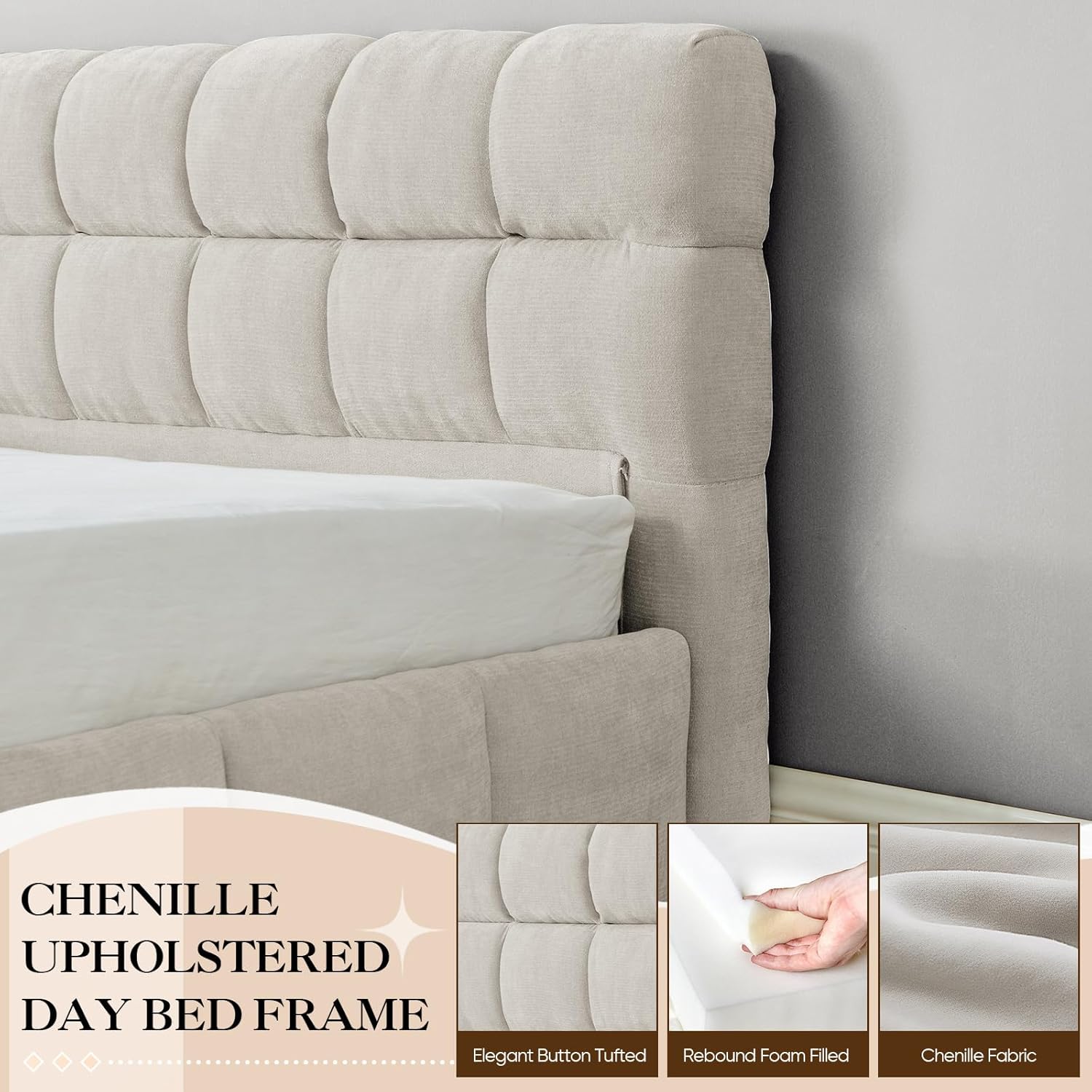 Upholstered Bed Frame King Size with 4 Storage Drawer & Tufted Headboard, Modern Chenille Floor Bed with Wood Slat Support, No Box Spring Needed for Bedroom Guest Room, Easy Assembly,Beige