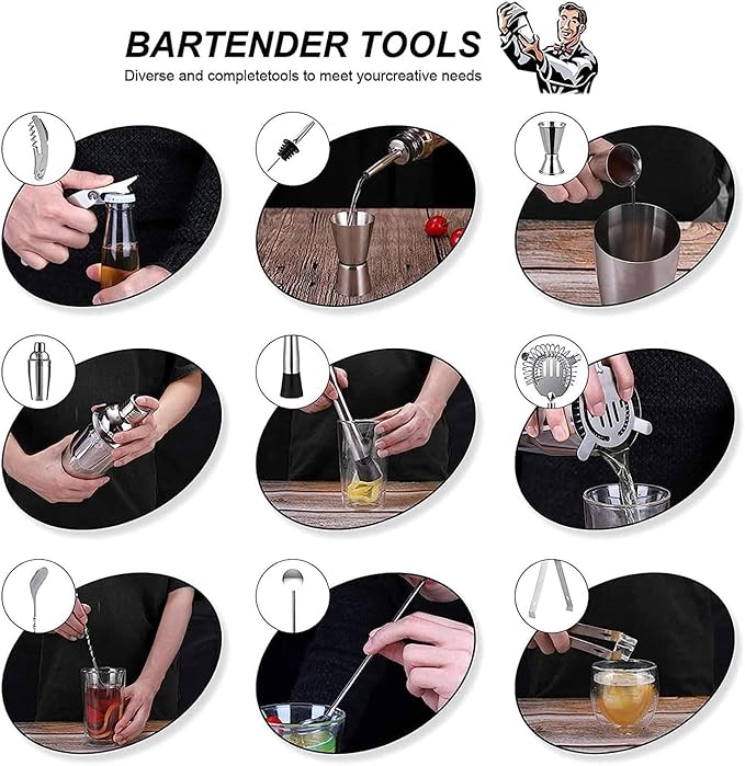 Set de Coctelera de Acero Inoxidable 14 Piezas con Soporte de Madera 750ml miniatura 7