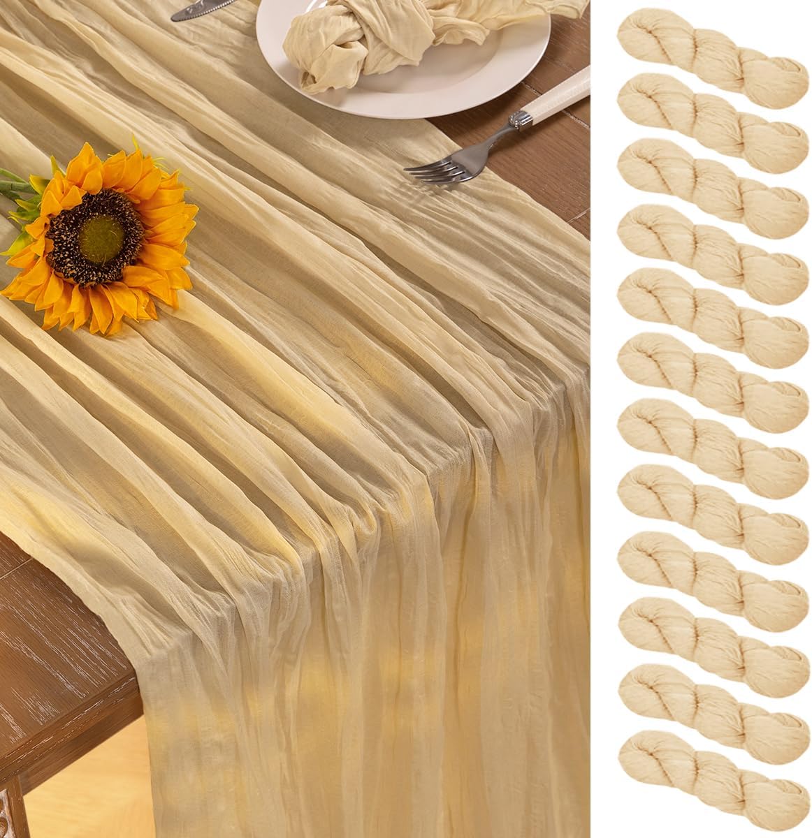 Champagne Gold Cheesecloth Table Runner 12 Pack Summer Sheer Cheese Cloth Table Runners Boho Gauze 120 Inches Summer Table Decorations for Champagne Bridal Shower Wedding Baby Shower Parties