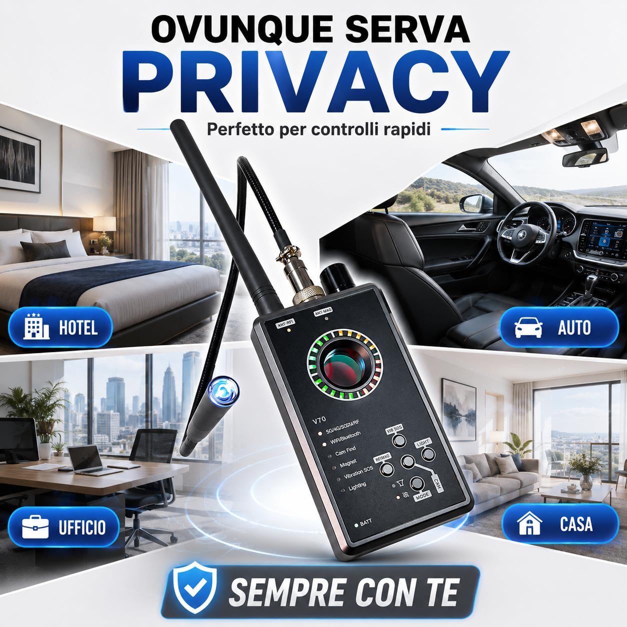 Detector de Microsespías y GPS Spy Detector – Detector de cámaras ocultas profesional con RF WiFi Bluetooth 5G, magnético y vibración – Dispositivo para remediación ambiental (V70)