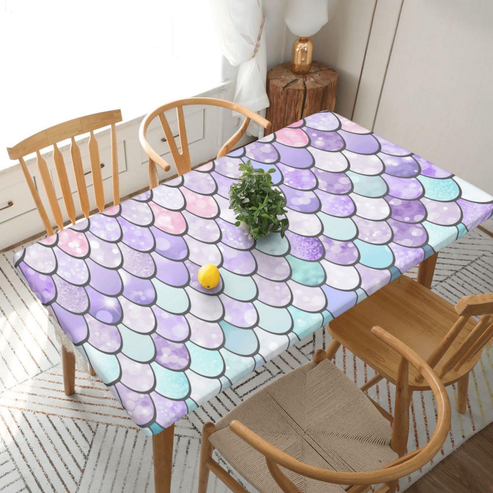 DCEHGEW Elastic Fitted Rectangle Tablecloth for 5ft Tables, Mermaid Pastel Pink Purple Aqua Teal Printed Oilproof & Washable Fabric Picnic Table Cloth Table Covers