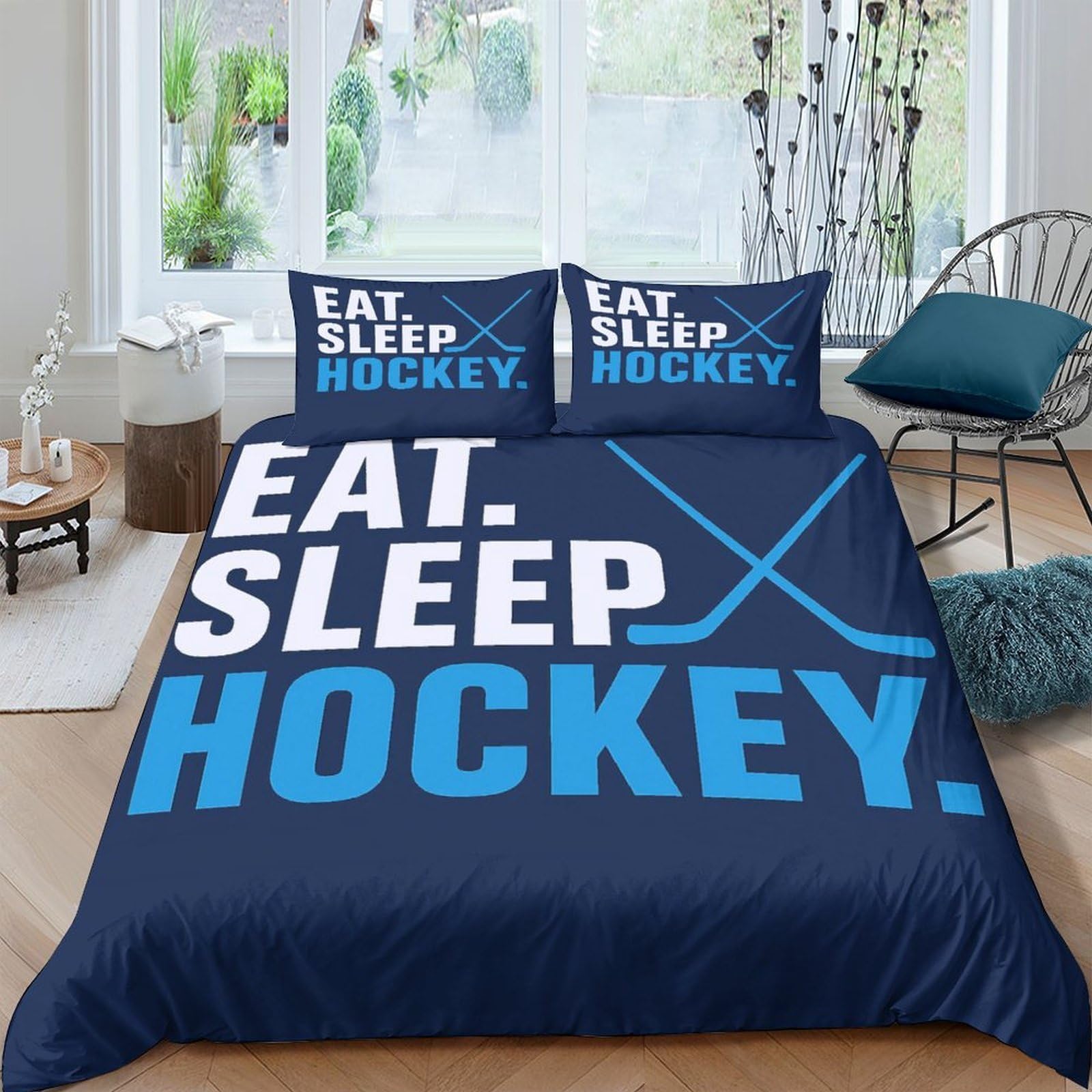 Ctjqhvkz Style-6 3D Printed Eat Sleep Hockey Fitted Sheet Microfiber Blue Bed Cover For Bedroom Dorm Machine Washable Decor Single（135X200cm）