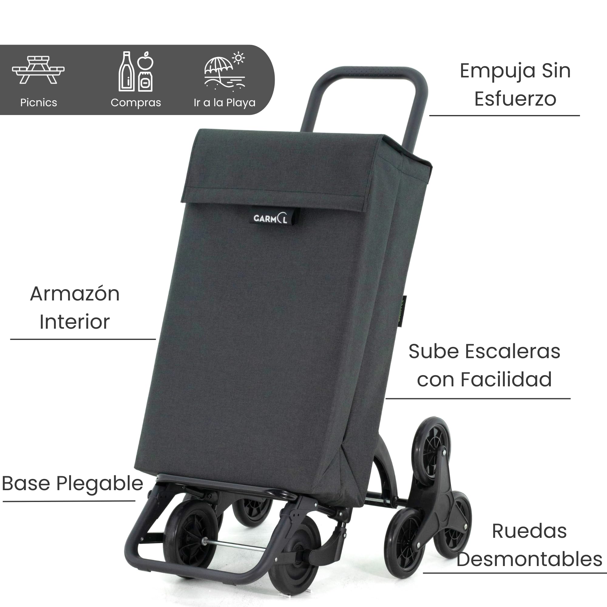 GARMOL Carro de la Compra Plegable 48 Litros | Carro de la Compra 8 Ruedas Gran Capacidad | Carrito Compra Plegable Color Negro
