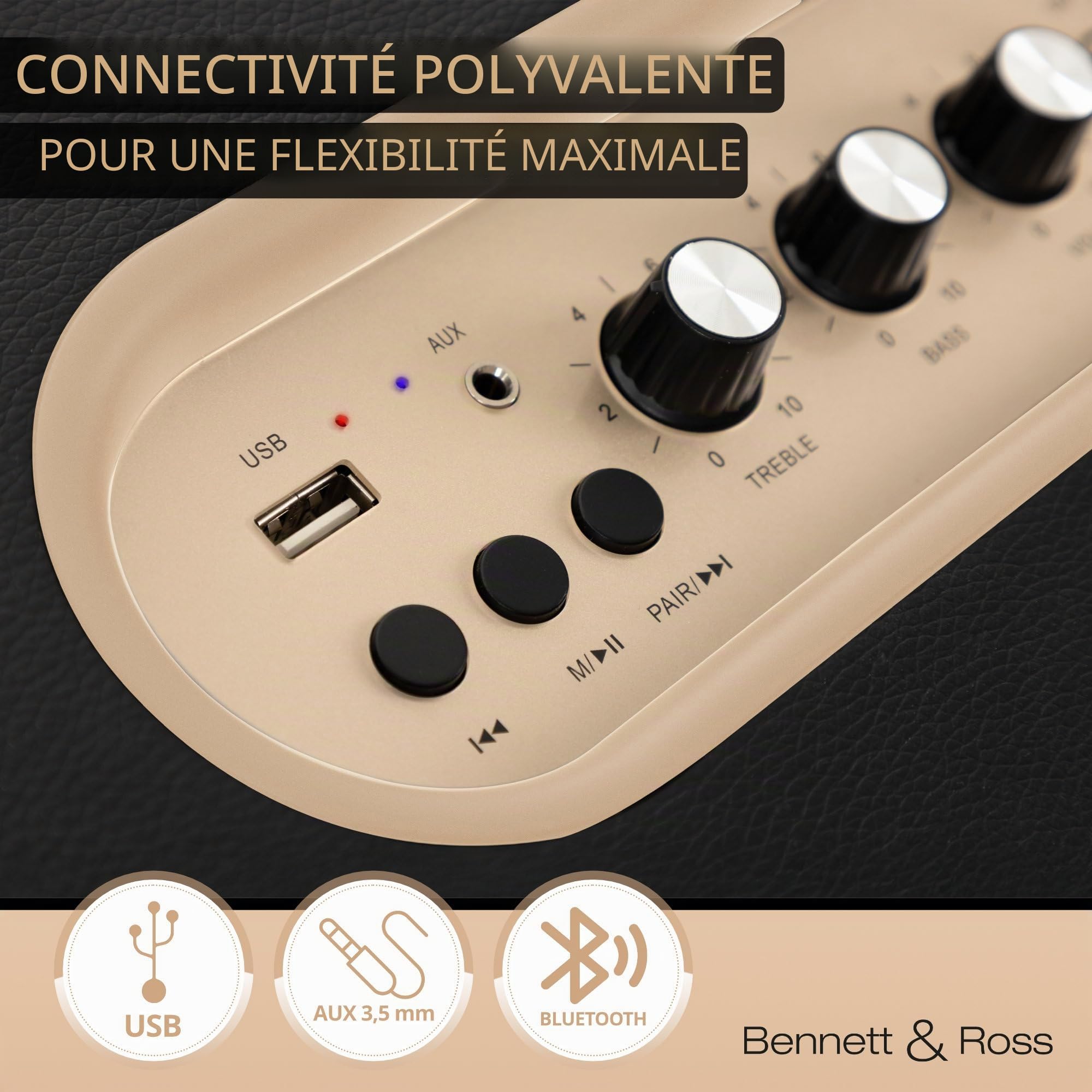 Bennett & Ross BB-860BK Blackmore Haut-Parleur Bluetooth rétro en Cuir - Haut-Parleur Vintage avec 2X 30W - Speaker Entrée USB avec Lecteur MP3 - Jack 3,5 mm avec aux-in - Enceinte en Noir