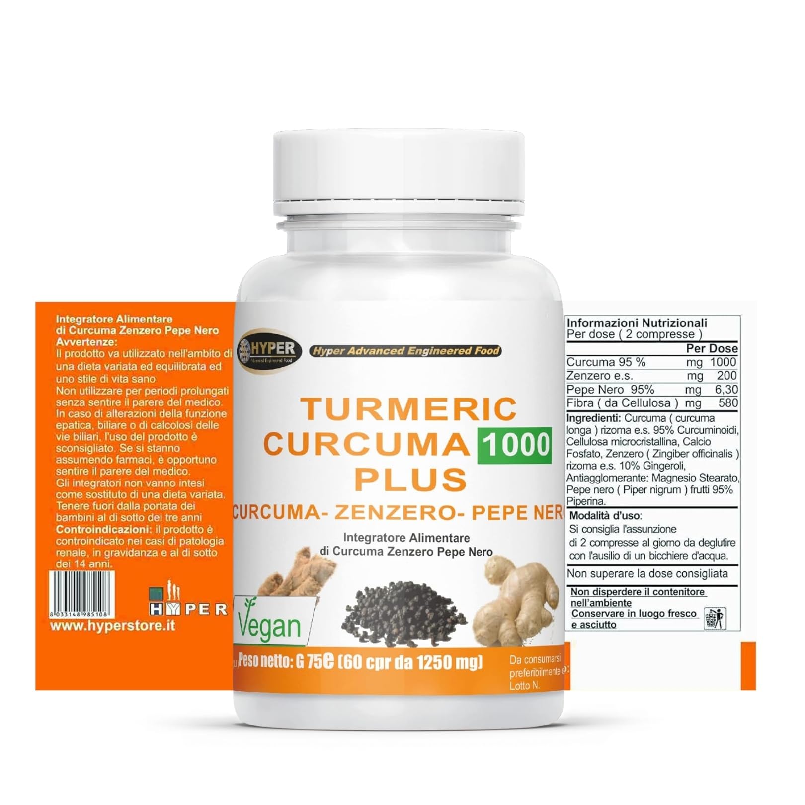 Hyper Turmeric Curcuma e Piperina Plus 1000mg - Formula con Curcumina, Piperina e Zenzero ad Alto Dosaggio - Antiossidante e Antinfiammatorio Naturale. 3 Flaconi da 60 Compresse Made in Italy