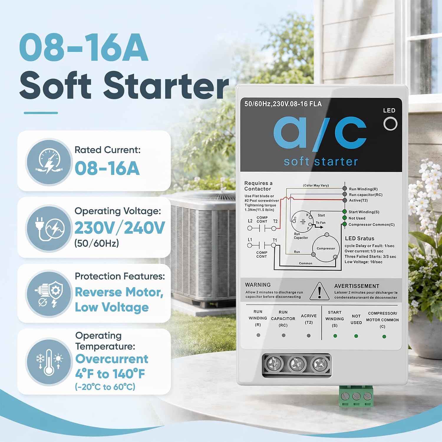 AC Soft Start Kit 08-16A for 1.75-3.5 Ton 230V HVAC Air Conditioner, Reduce Startup Current by 70% with Reverse Motor Protection, Quiet Start Soft Starter Module for Home, RV, Camper
