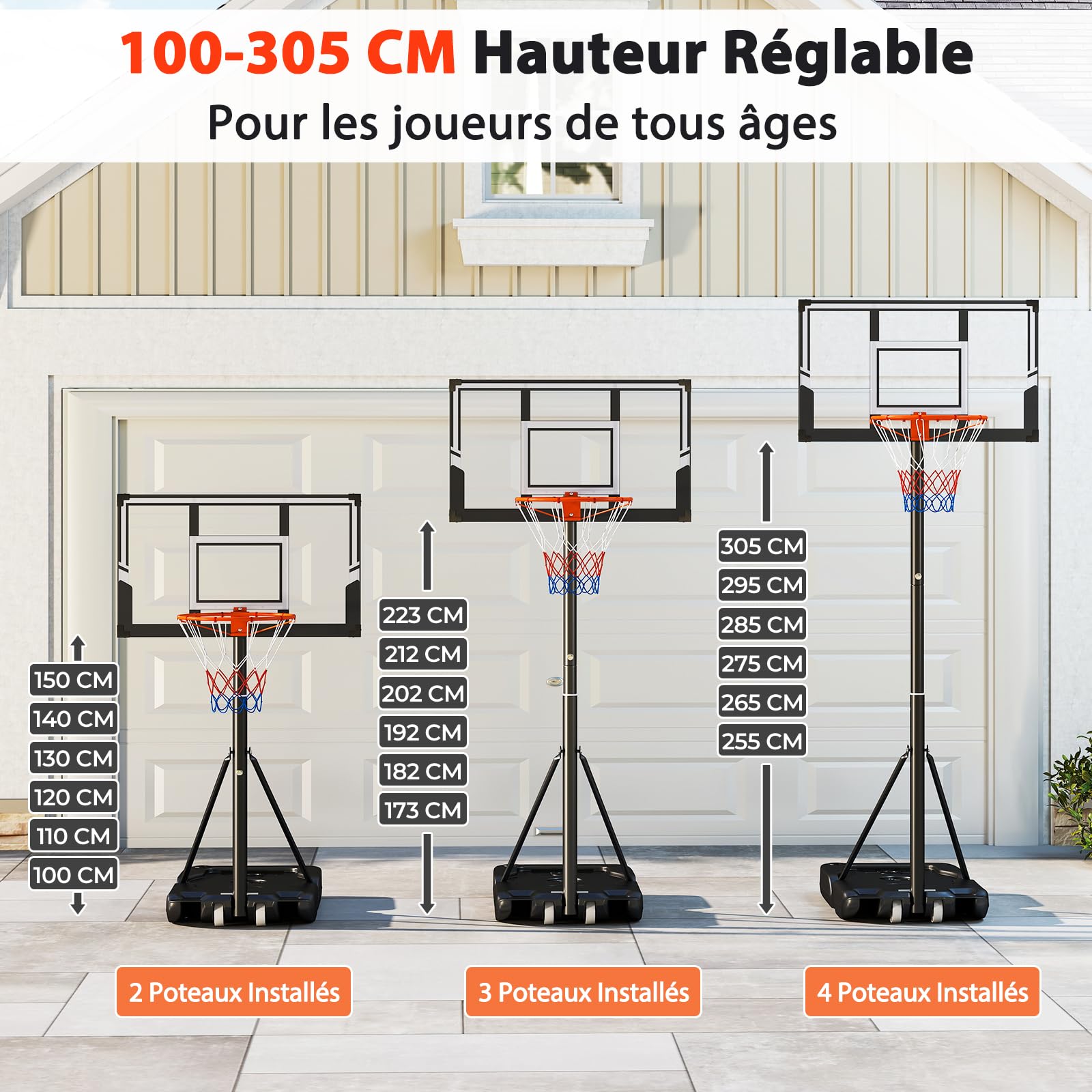 GYMAX Panier de Basket Mobile Portable pour Enfants Adultes, 18 Hauteurs Réglables 100-305cm, Utilisation Intérieure et Extérieure, Base Remplissable d'eau ou de Sable, Panneau Incassable