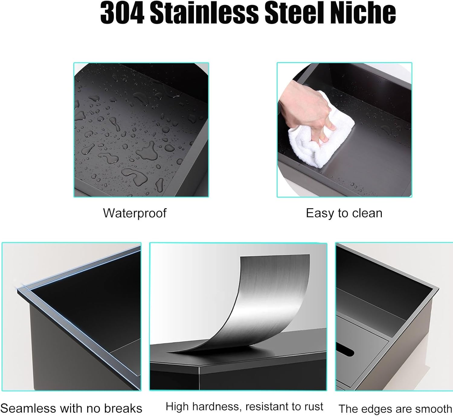 Waterproof Recessed Toilet Paper Holder Storage,Space-Saving and Convenient Rectangular Shelf，Stainless Steel Bathroom Trash Can Cabinet(Black)